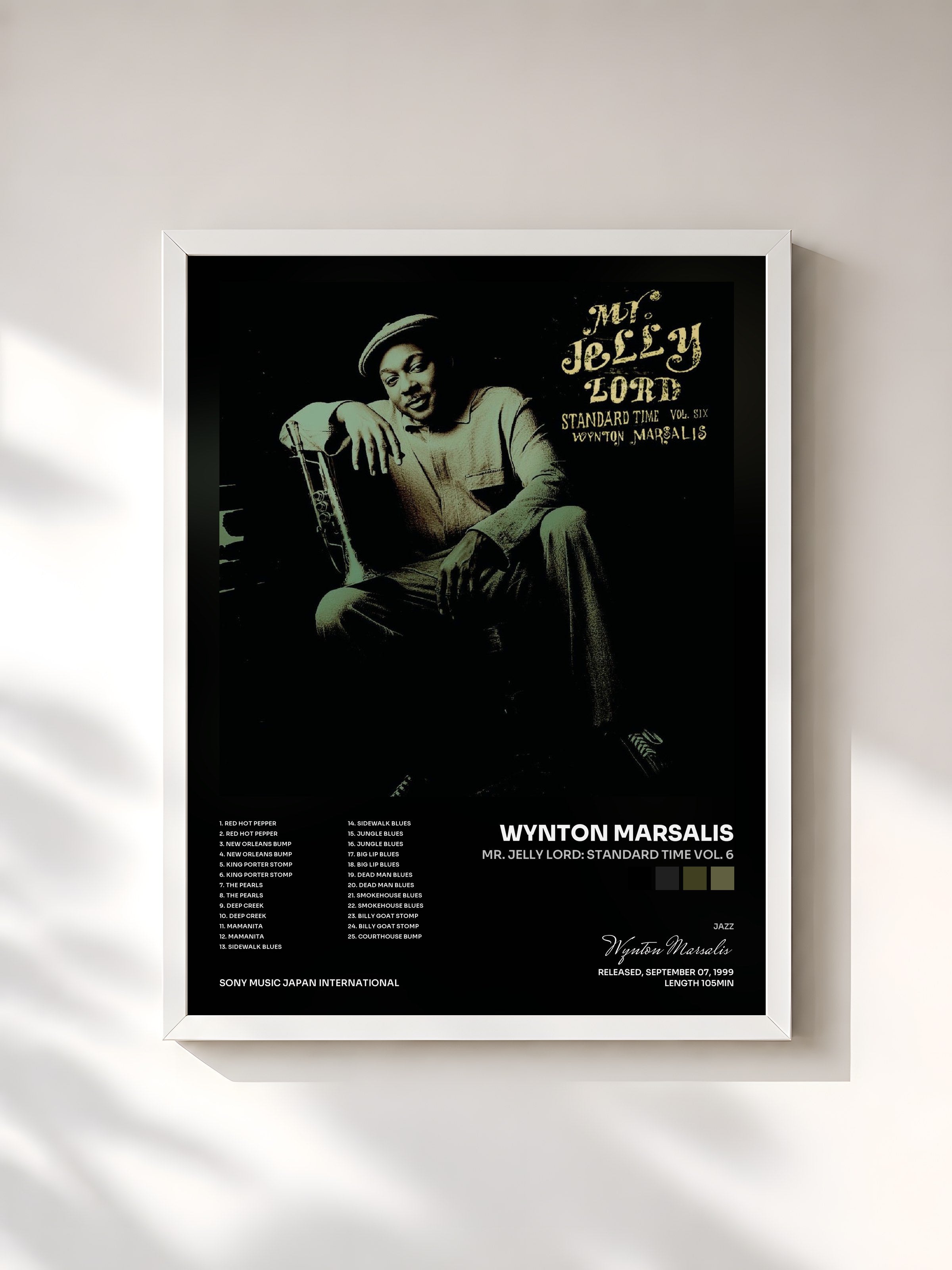 #blanc Tableau de l'album Mr. Jelly Lord: Standard Time Vol. 6 de Wynton Marsalis, cadre blanc, imprimé et encadré en France