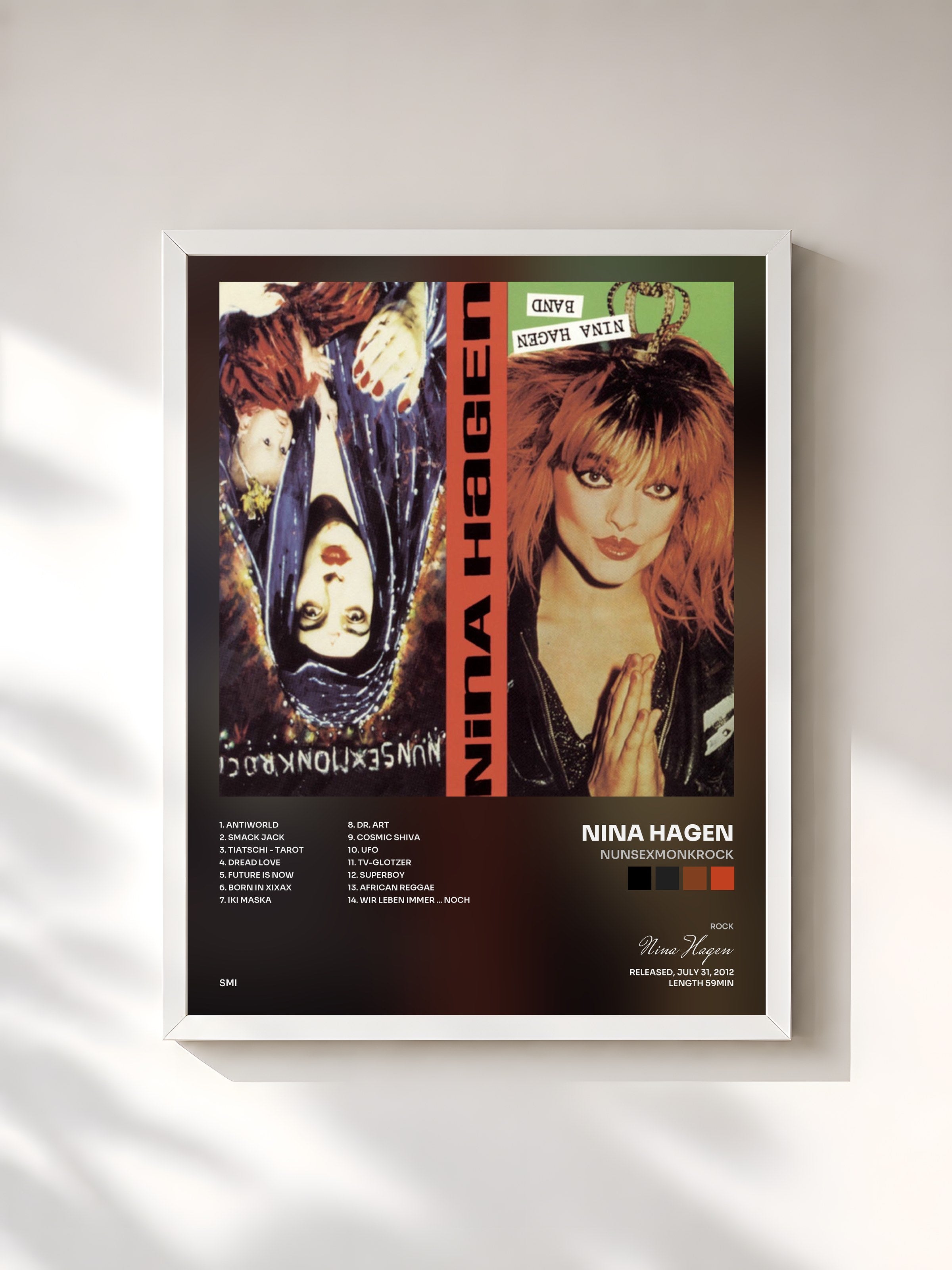 #blanc Tableau de l'album Nunsexmonkrock de Nina Hagen, cadre blanc, imprimé et encadré en France