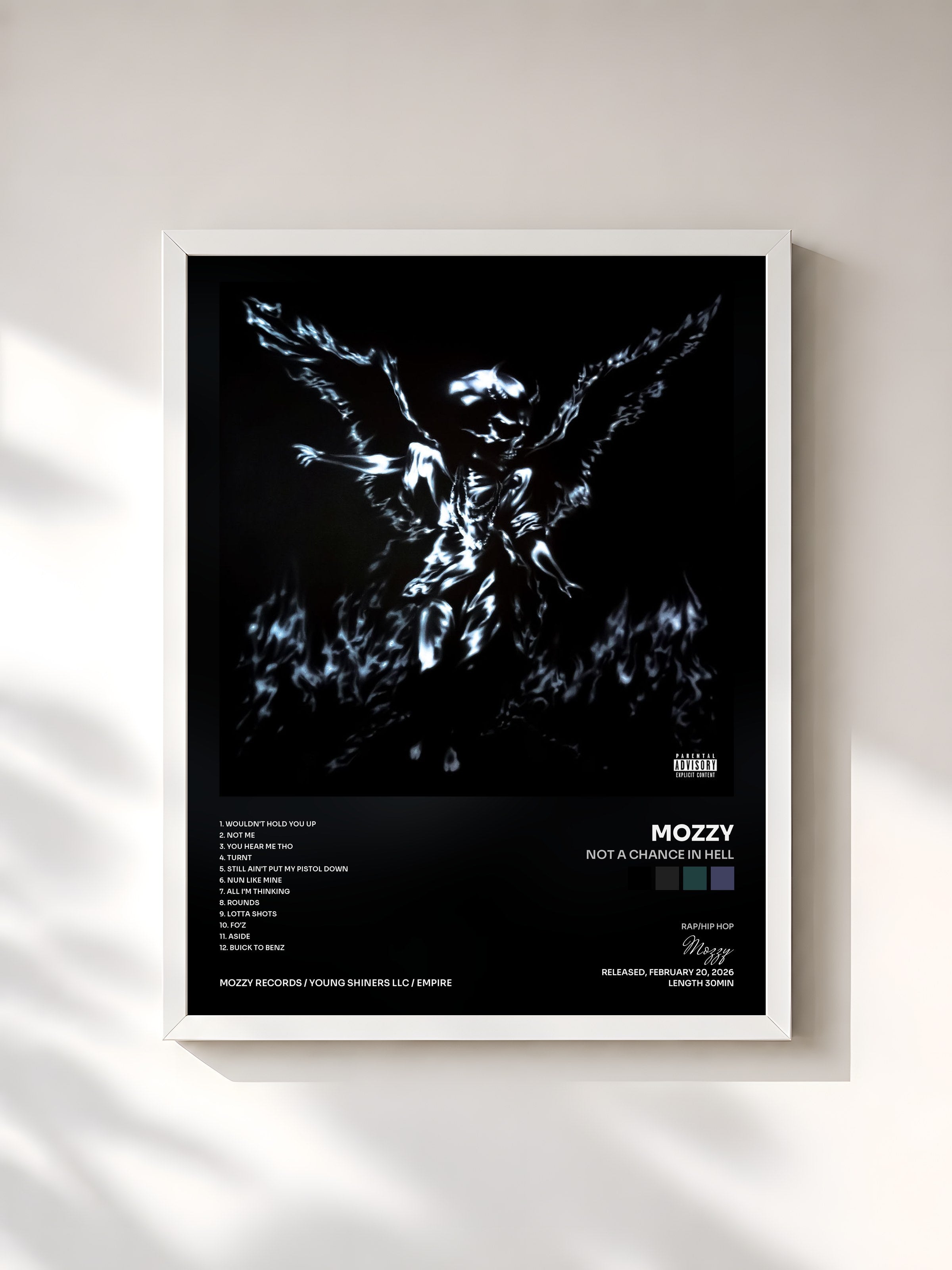 #blanc Tableau de l'album NOT A CHANCE IN HELL de Mozzy, cadre blanc, imprimé et encadré en France