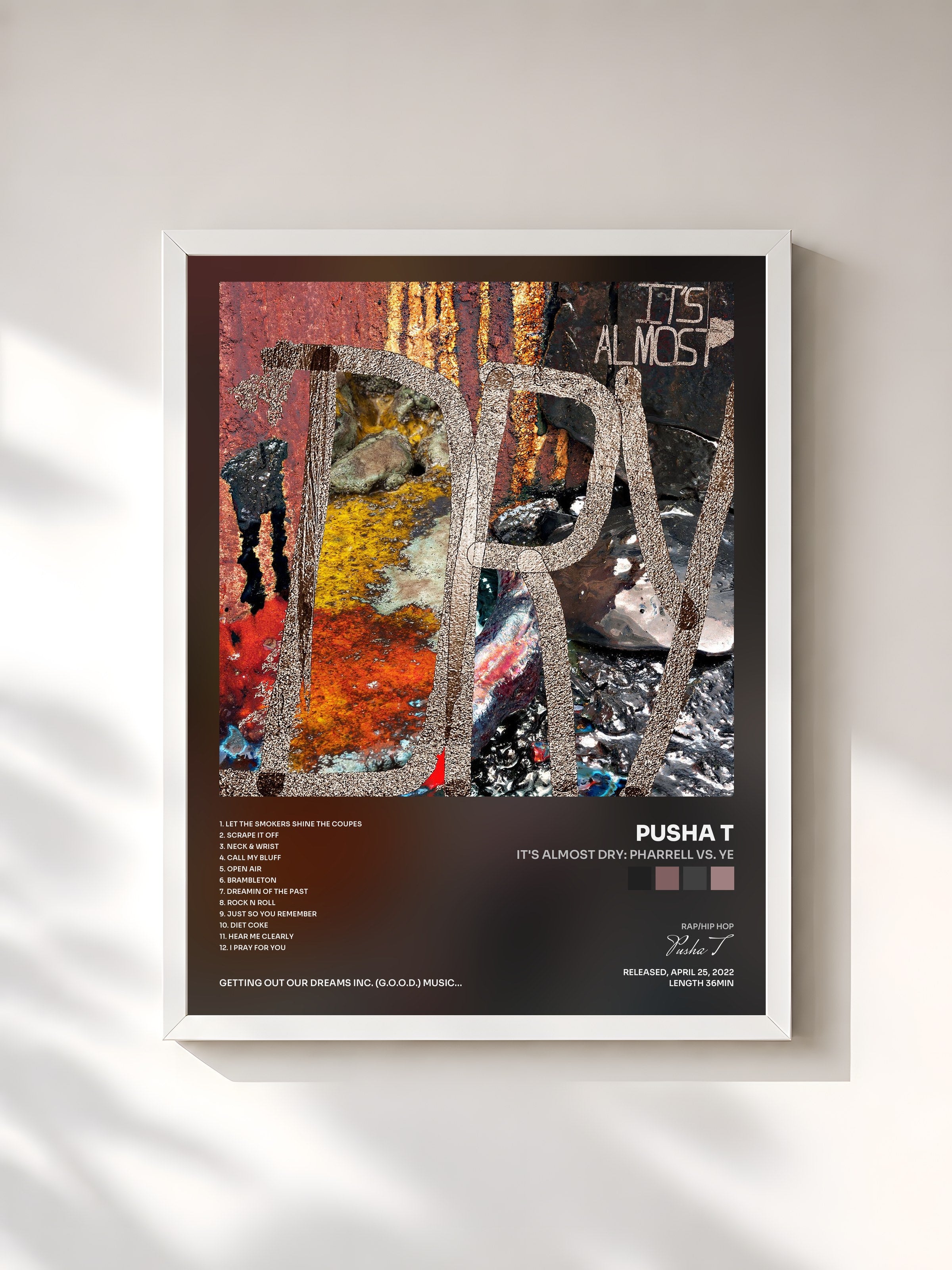 #blanc Tableau de l'album It's Almost Dry: Pharrell vs. Ye de Pusha T, cadre blanc, imprimé et encadré en France