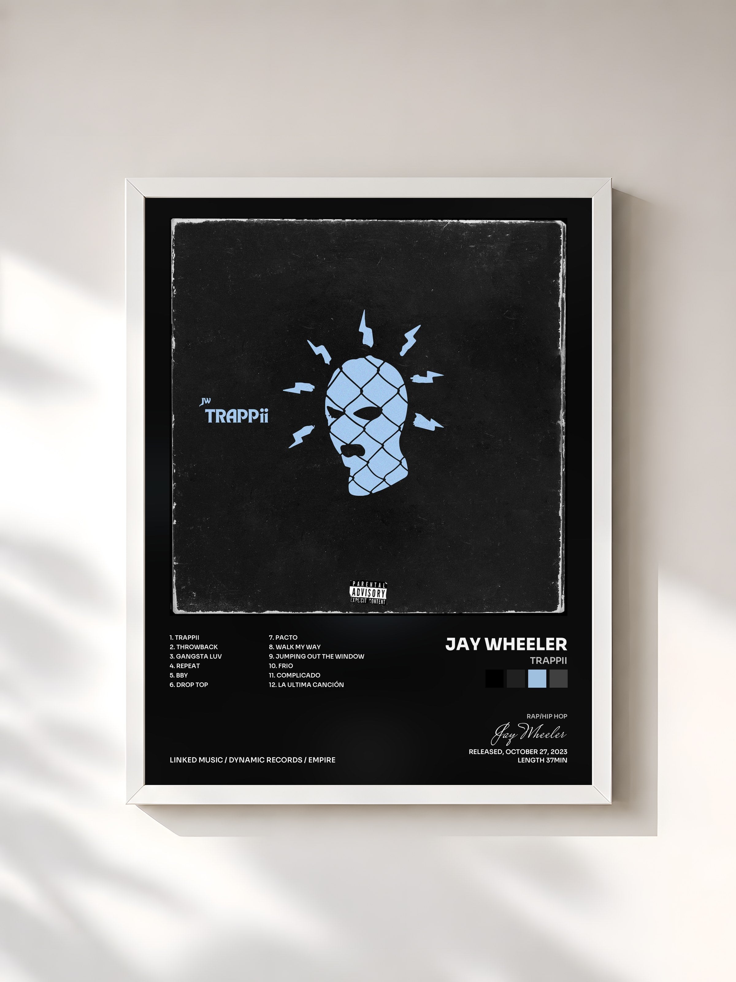#blanc Tableau de l'album TRAPPii de Jay Wheeler, cadre blanc, imprimé et encadré en France