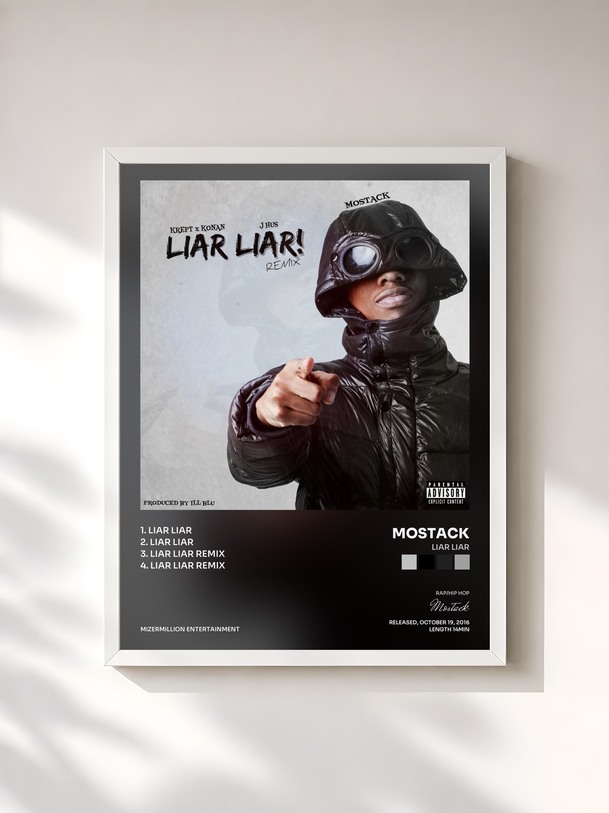 #blanc Tableau de l'album Liar Liar de Mostack, cadre blanc, imprimé et encadré en France