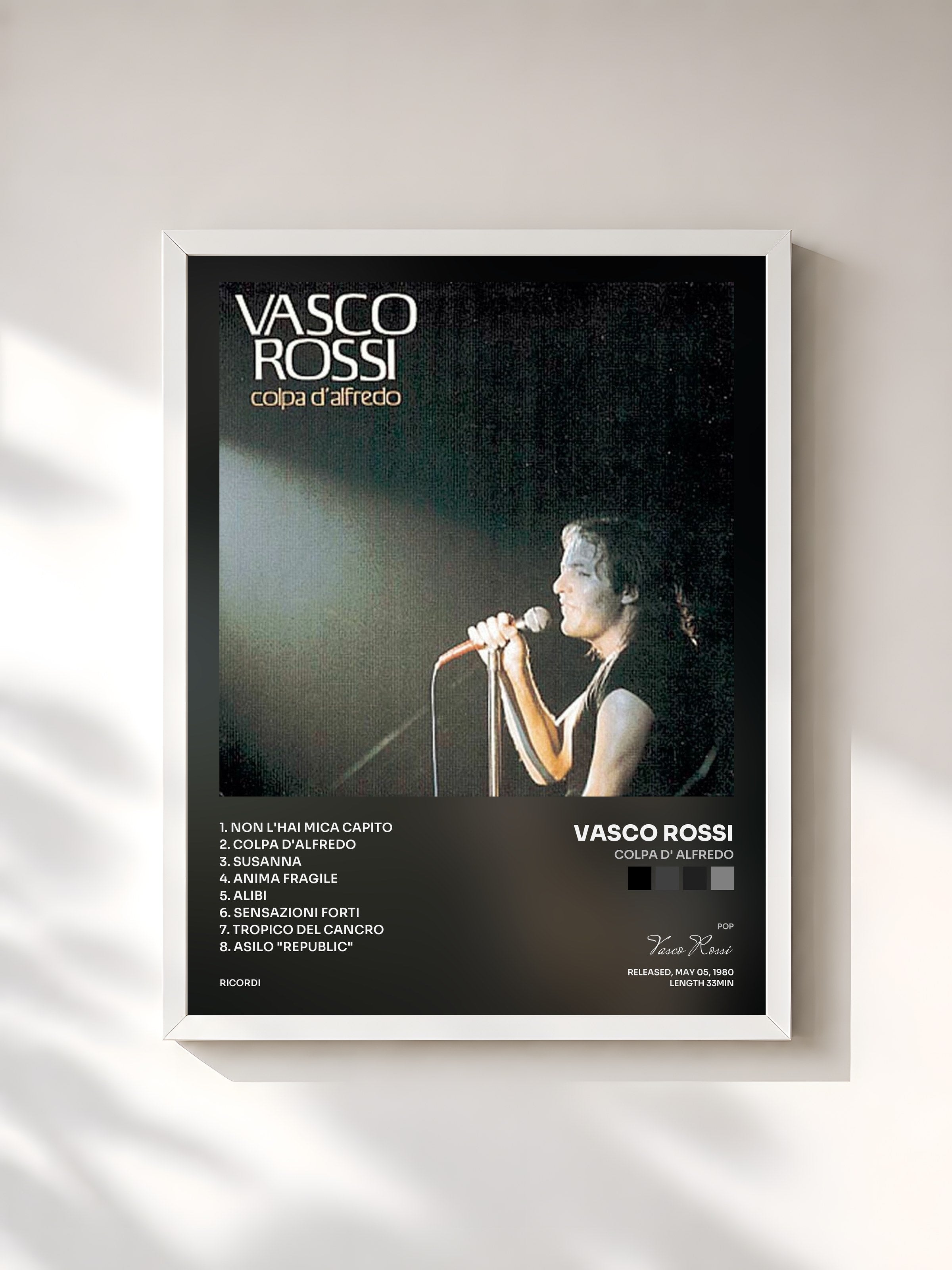 #blanc Tableau de l'album Colpa D' Alfredo de Vasco Rossi, cadre blanc, imprimé et encadré en France