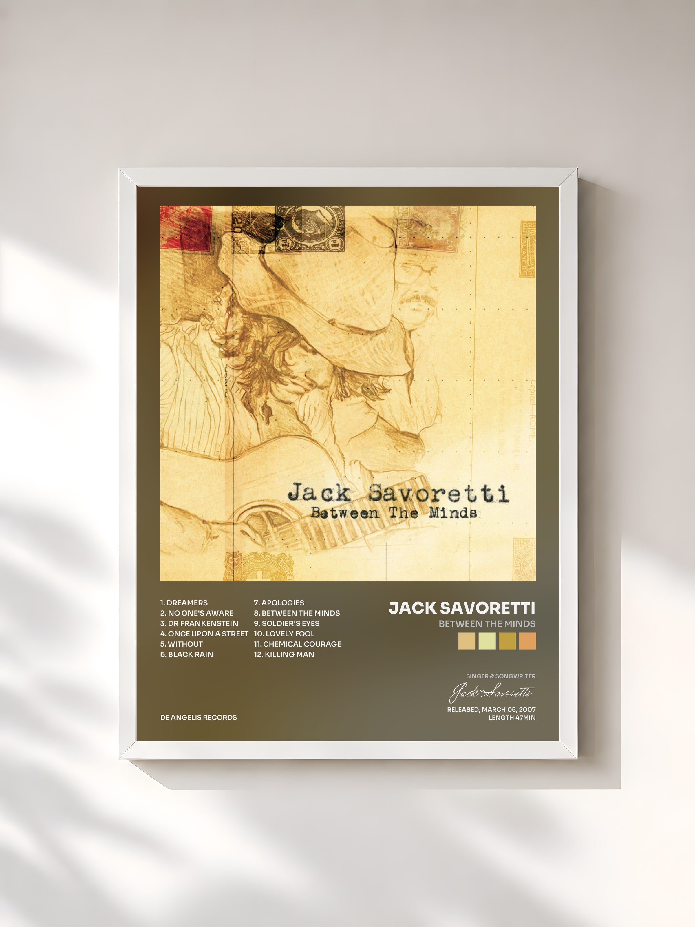#blanc Tableau de l'album Between The Minds de Jack Savoretti, cadre blanc, imprimé et encadré en France