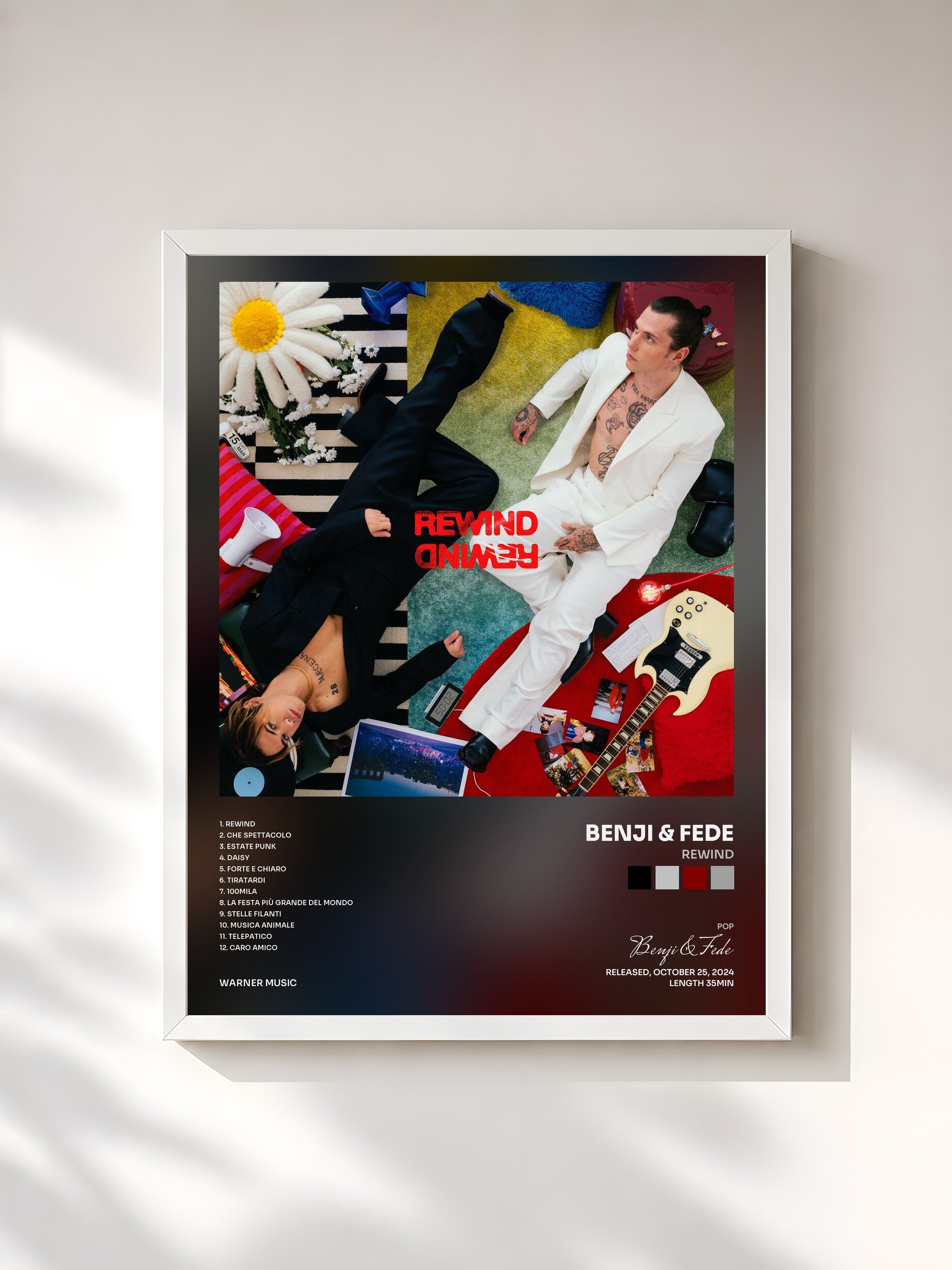 #blanc Tableau de l'album REWIND de Benji & Fede, cadre blanc, imprimé et encadré en France