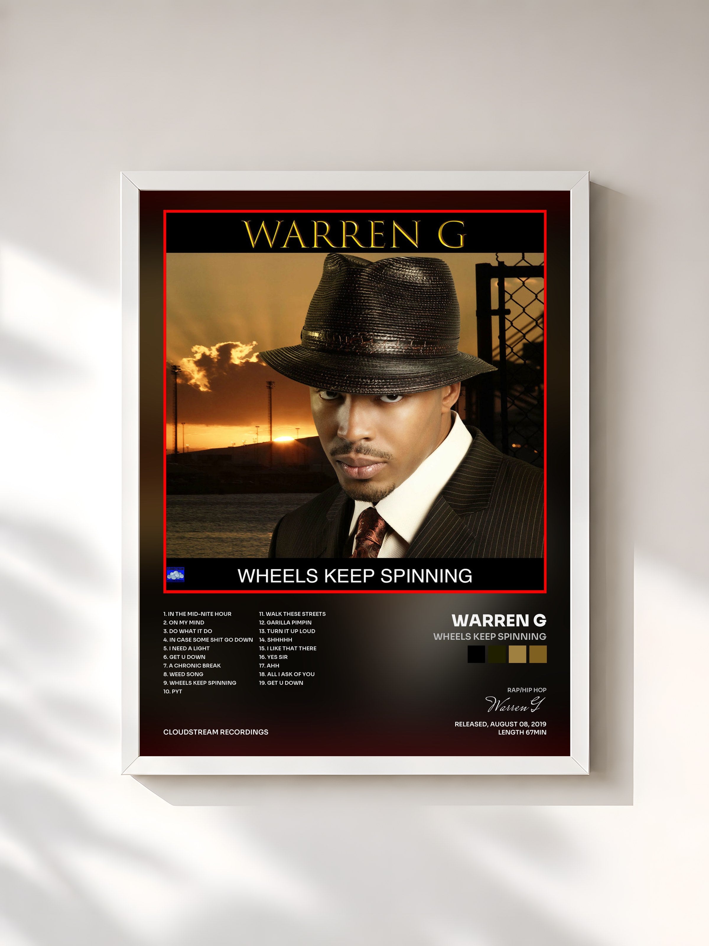 #blanc Tableau de l'album Wheels Keep Spinning de Warren G, cadre blanc, imprimé et encadré en France