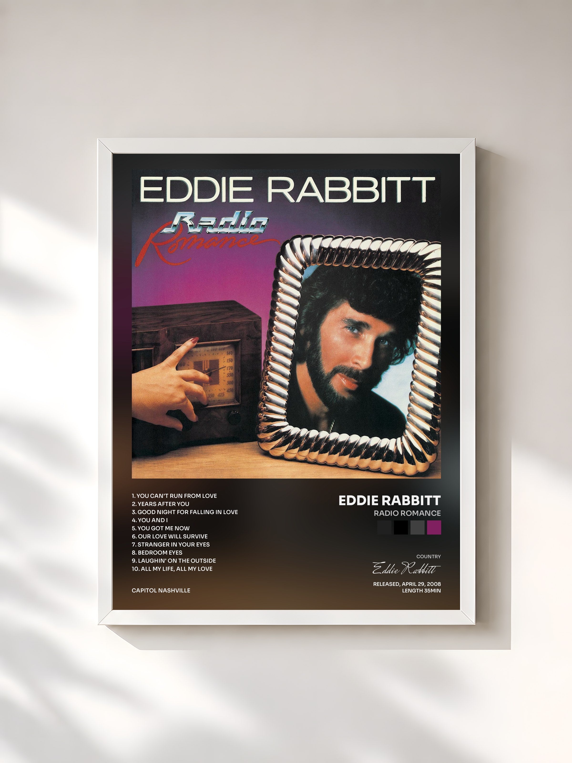 #blanc Tableau de l'album Radio Romance de Eddie Rabbitt, cadre blanc, imprimé et encadré en France