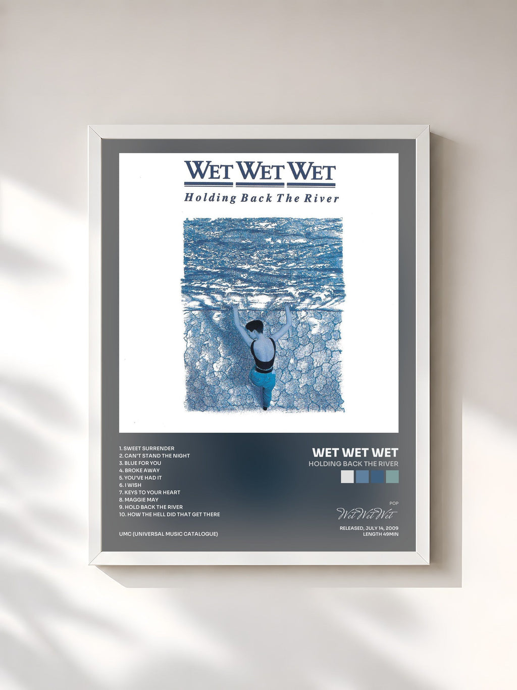 #blanc Holding Back The River by Wet Wet Wet as a framed art print, white frame, printed and framed in France