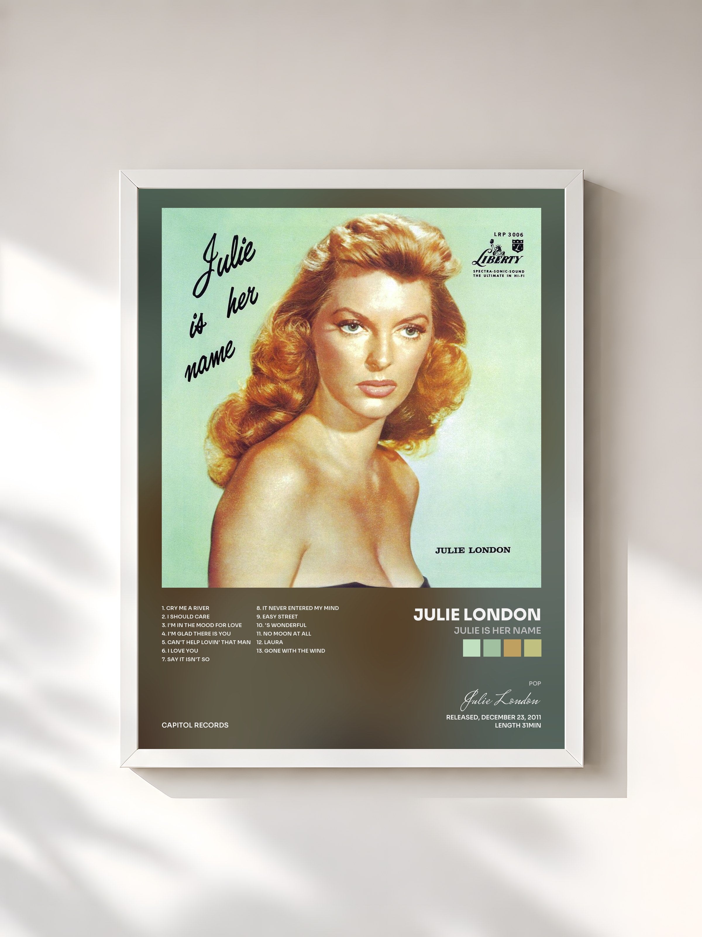 #blanc Tableau de l'album Julie Is Her Name de Julie London, cadre blanc, imprimé et encadré en France
