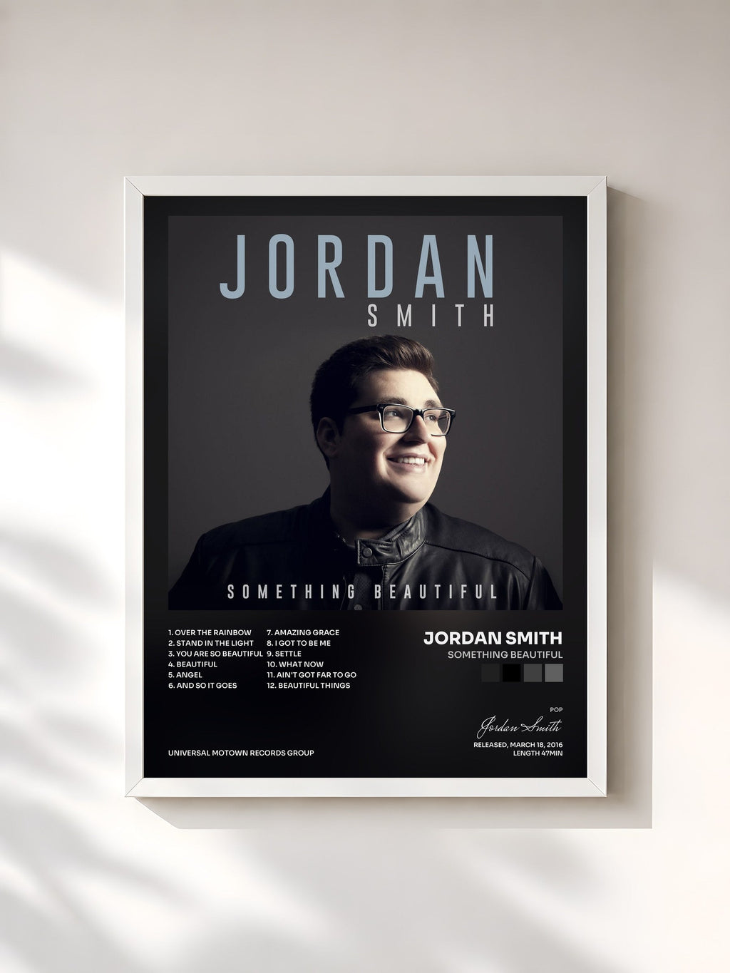 #blanc Tableau de l'album Something Beautiful de Jordan Smith, cadre blanc, imprimé et encadré en France