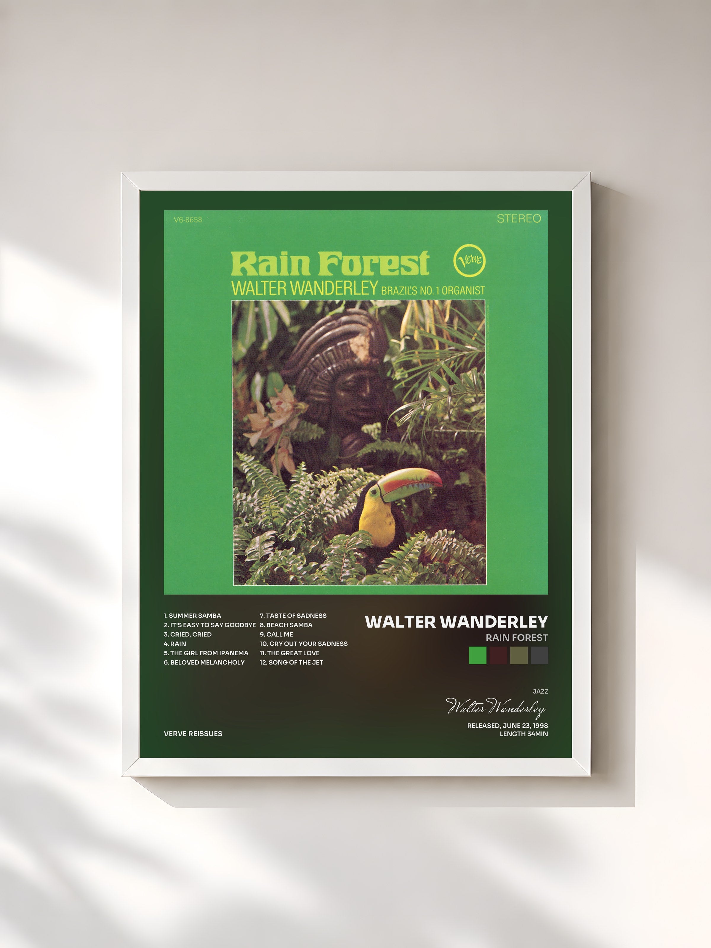 #blanc Tableau de l'album Rain Forest de Walter Wanderley, cadre blanc, imprimé et encadré en France