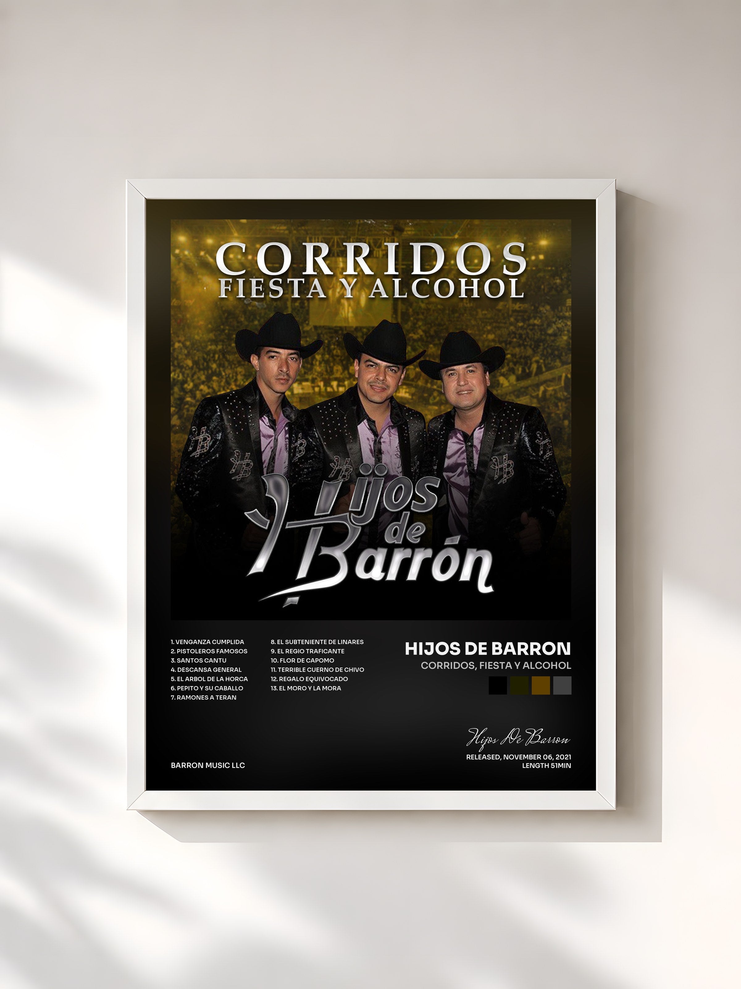 #blanc Tableau de l'album Corridos, Fiesta y Alcohol de Hijos De Barron, cadre blanc, imprimé et encadré en France