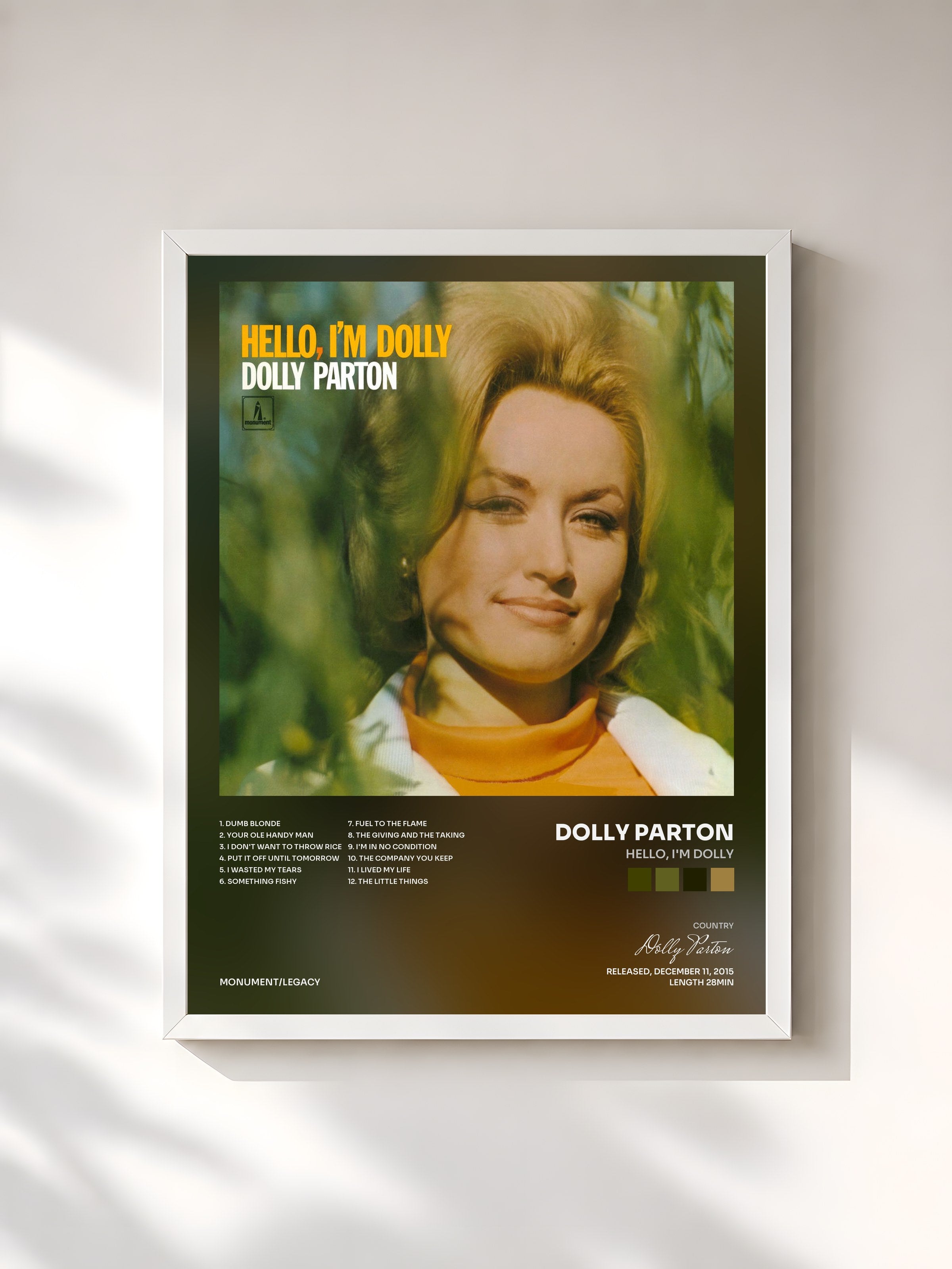 #blanc Tableau de l'album Hello, I'm Dolly de Dolly Parton, cadre blanc, imprimé et encadré en France