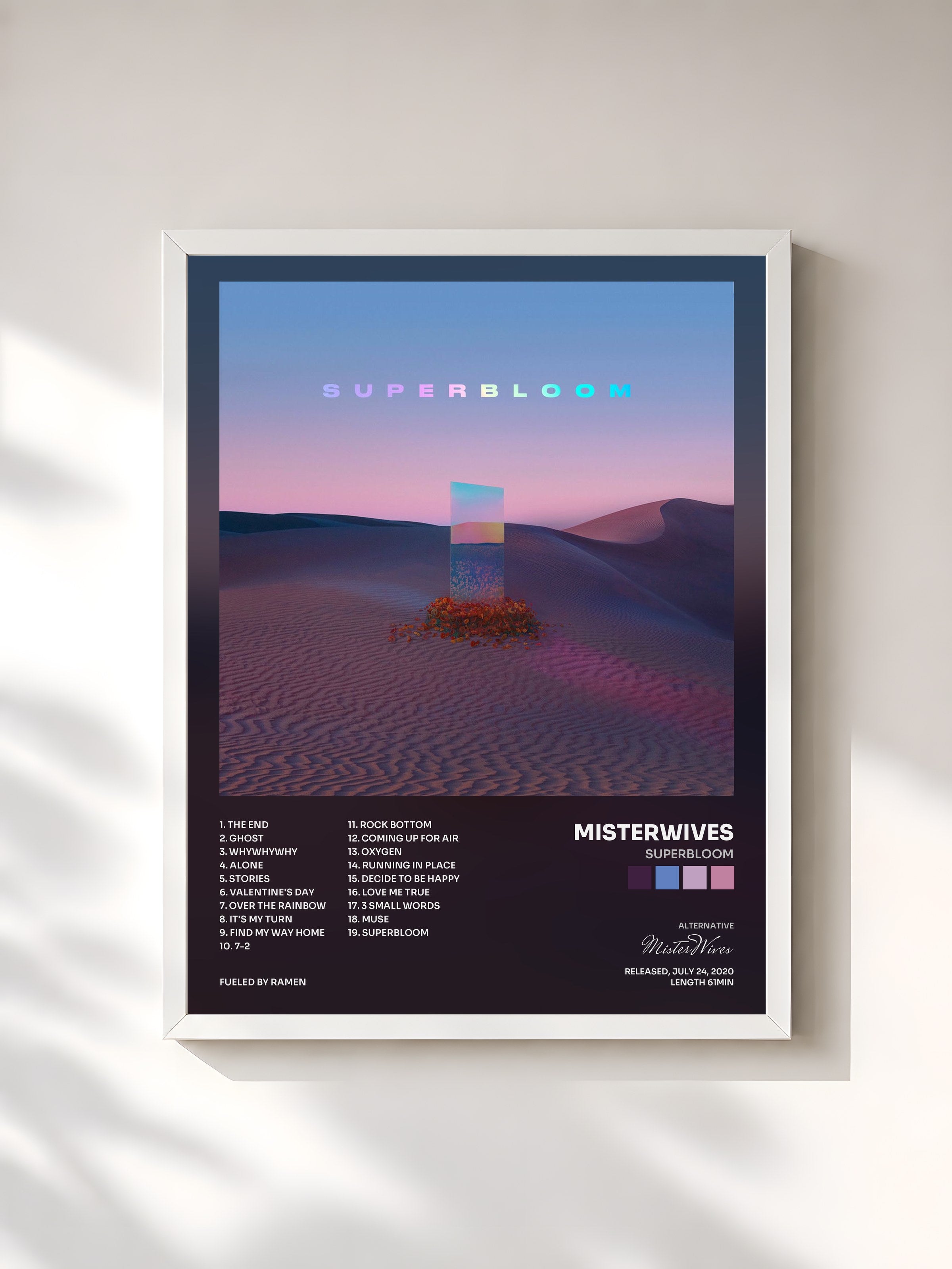 #blanc Tableau de l'album SUPERBLOOM de MisterWives, cadre blanc, imprimé et encadré en France