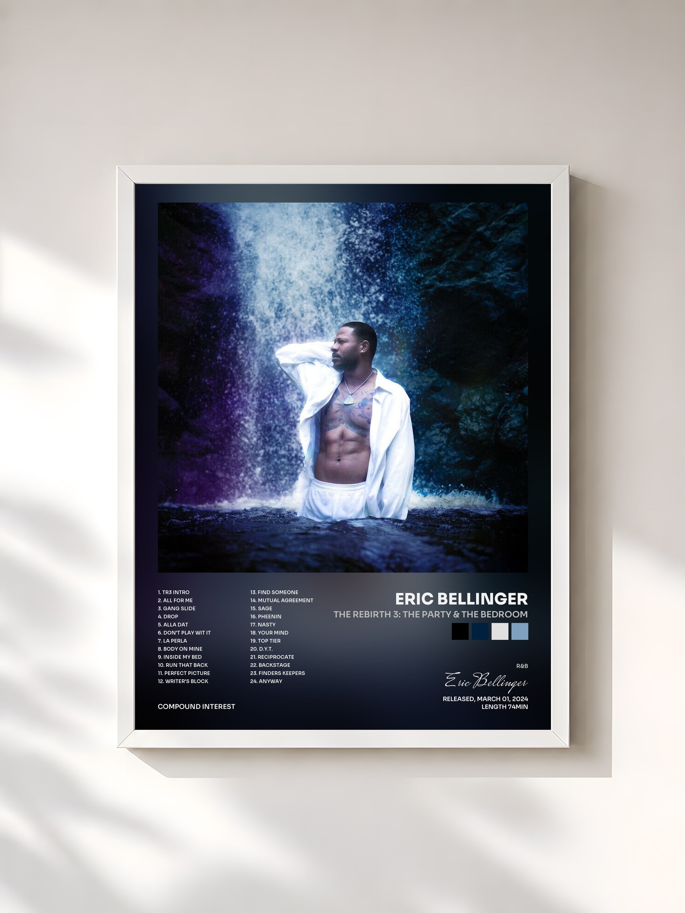 #blanc Tableau de l'album The Rebirth 3: The Party & The Bedroom de Eric Bellinger, cadre blanc, imprimé et encadré en France