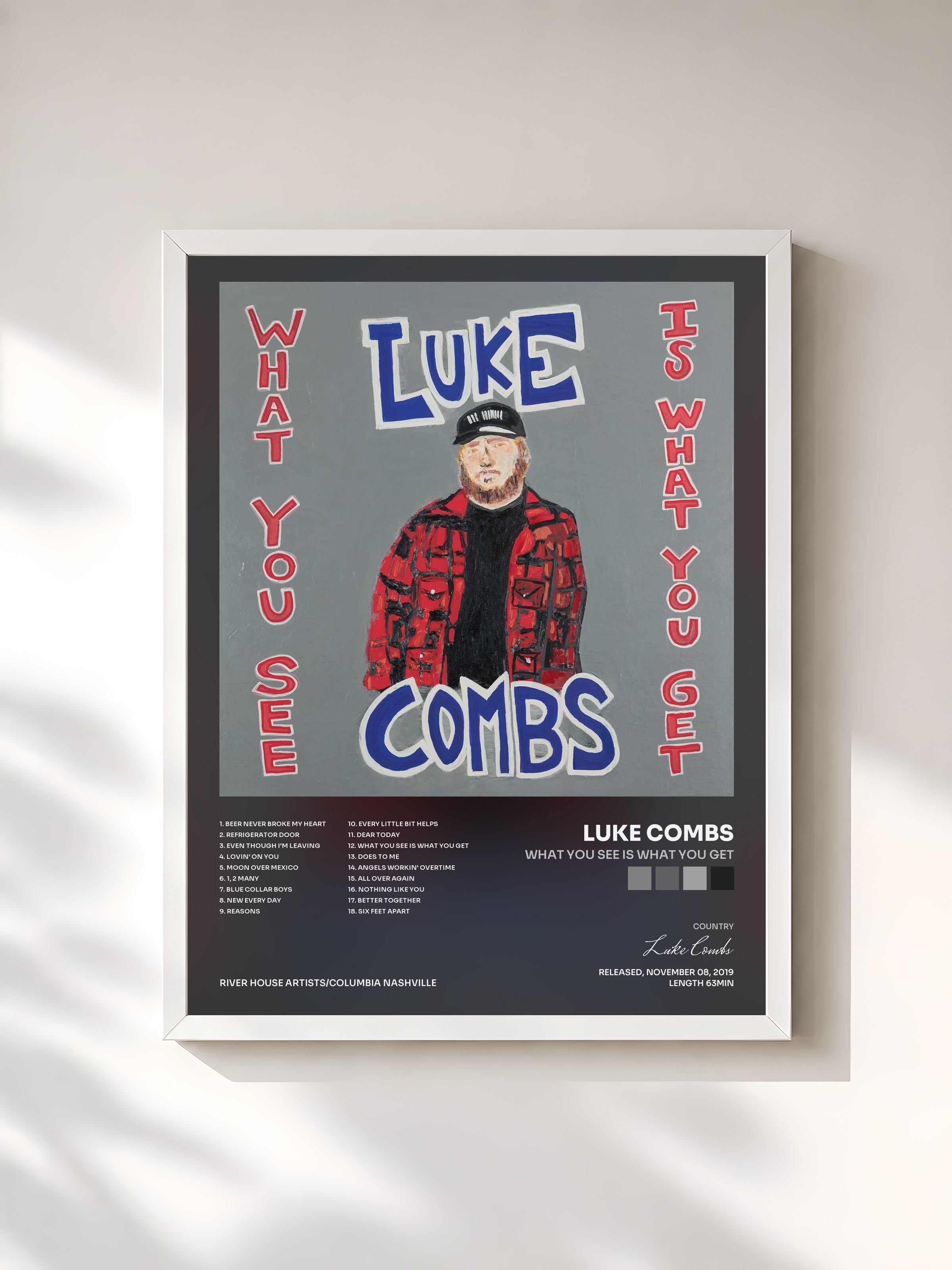 #blanc Tableau de l'album What You See Is What You Get de Luke Combs, cadre blanc, imprimé et encadré en France