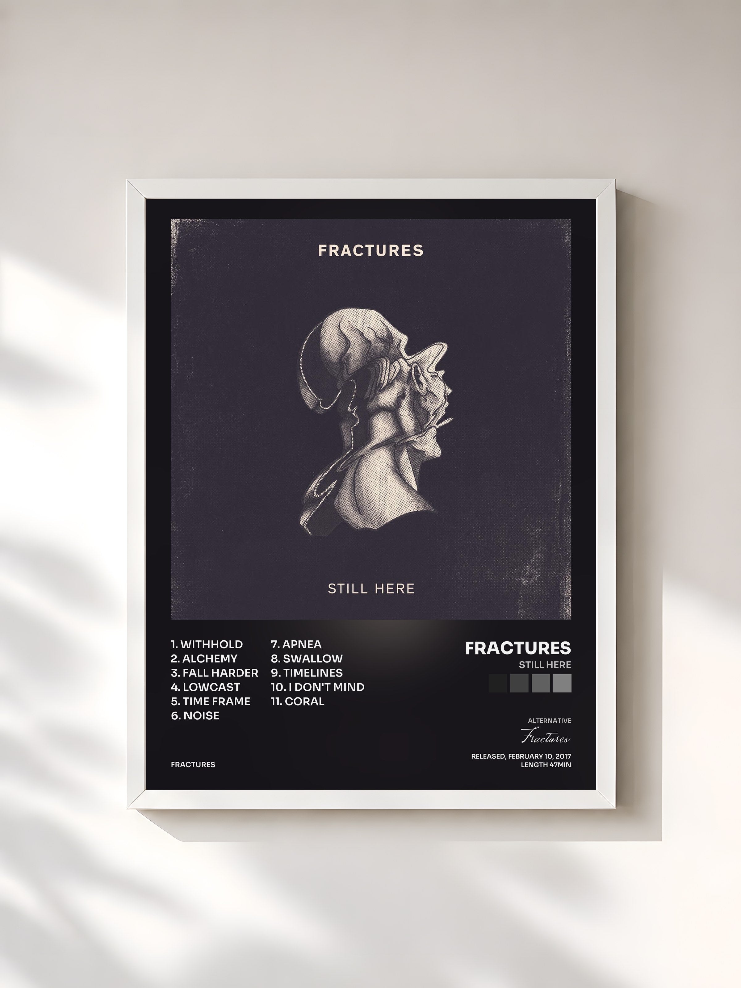 #blanc Tableau de l'album Still Here de Fractures, cadre blanc, imprimé et encadré en France