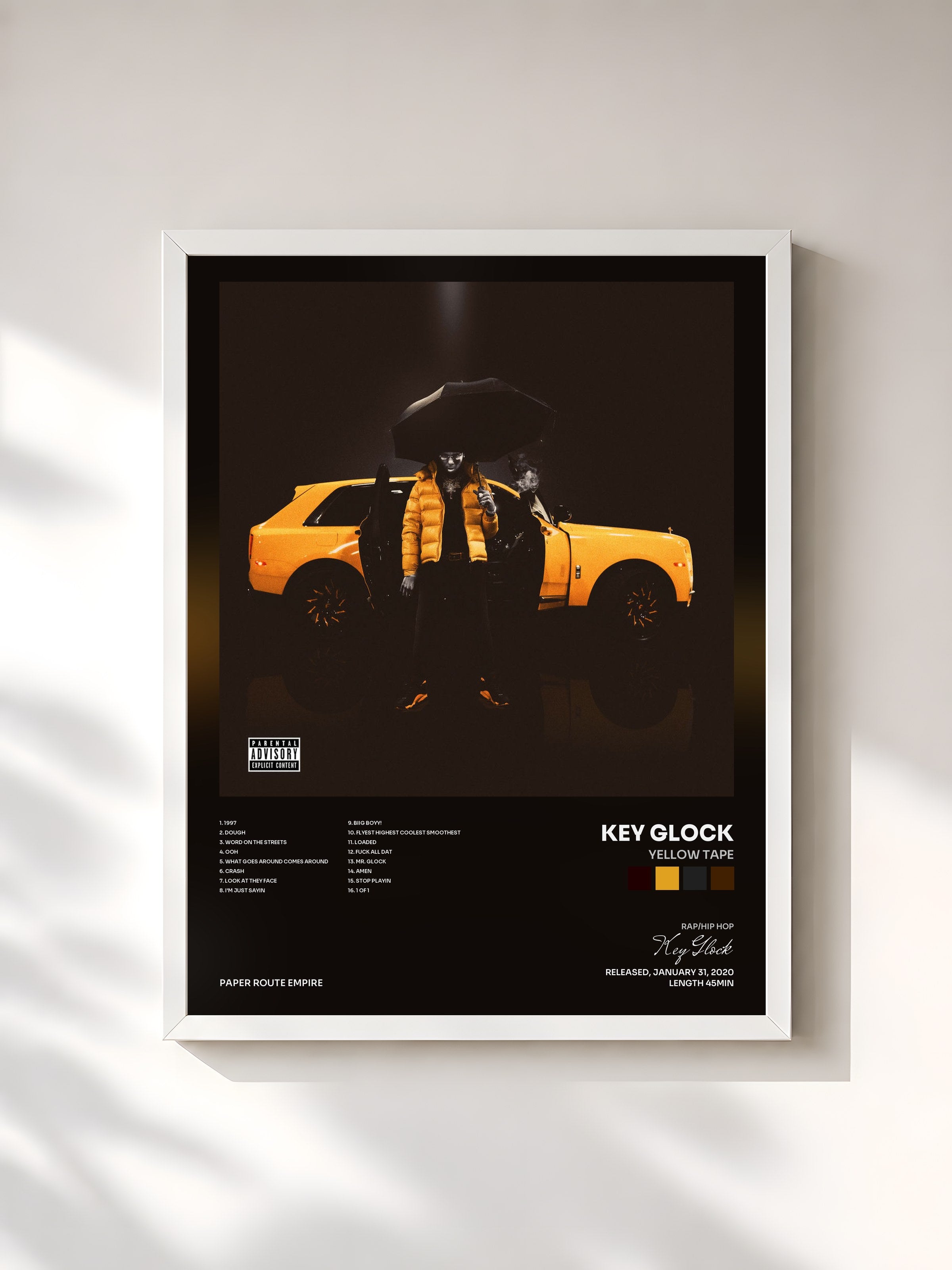 #blanc Tableau de l'album Yellow Tape de Key Glock, cadre blanc, imprimé et encadré en France