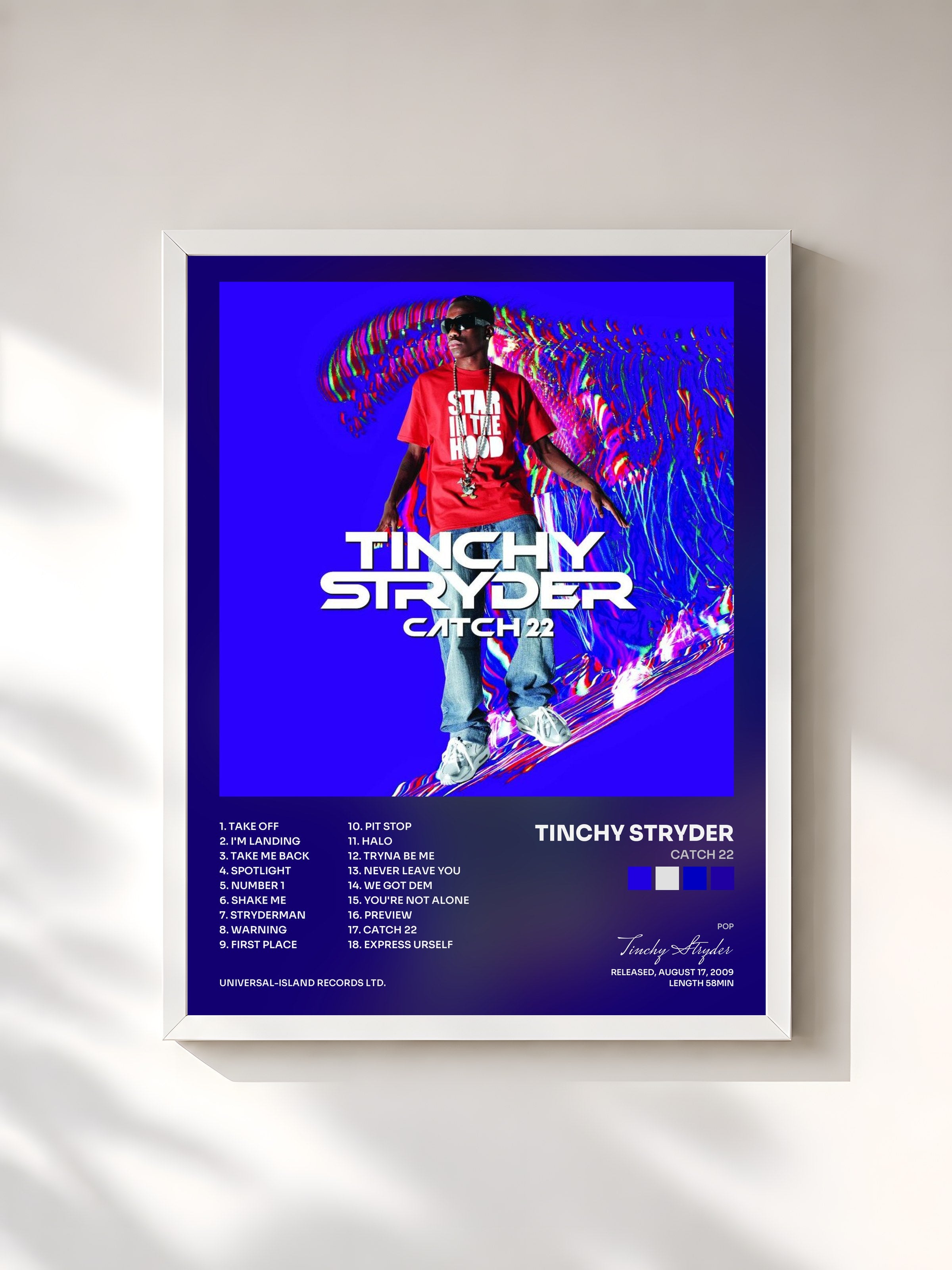 #blanc Tableau de l'album Catch 22 de Tinchy Stryder, cadre blanc, imprimé et encadré en France
