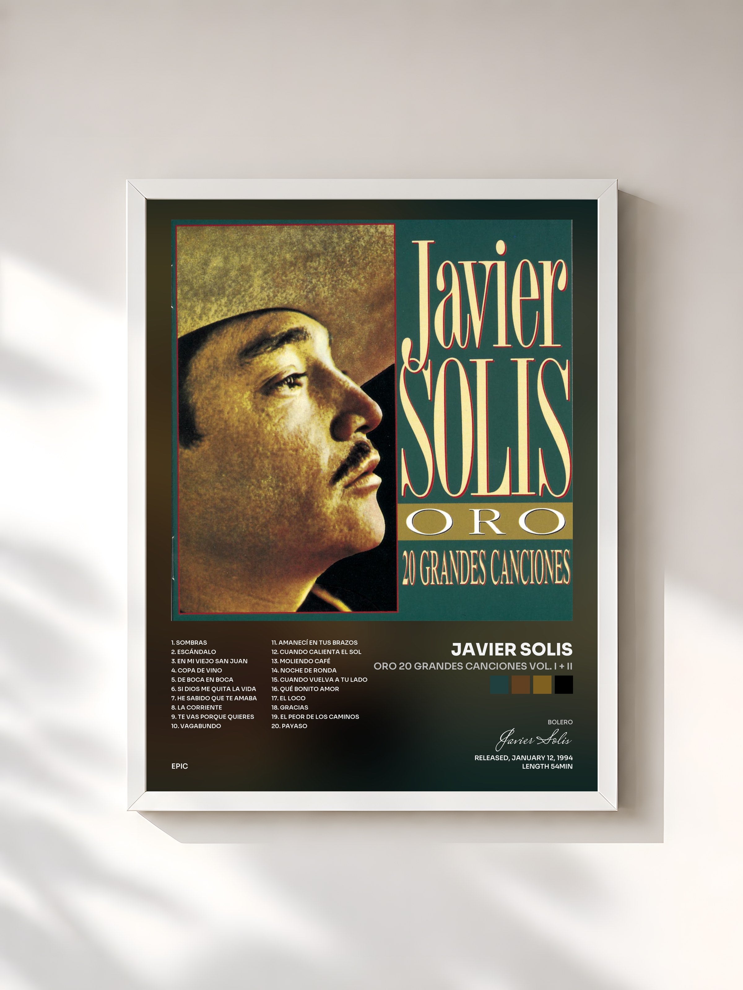 #blanc Tableau de l'album ORO 20 Grandes Canciones Vol. I + II de Javier Solis, cadre blanc, imprimé et encadré en France