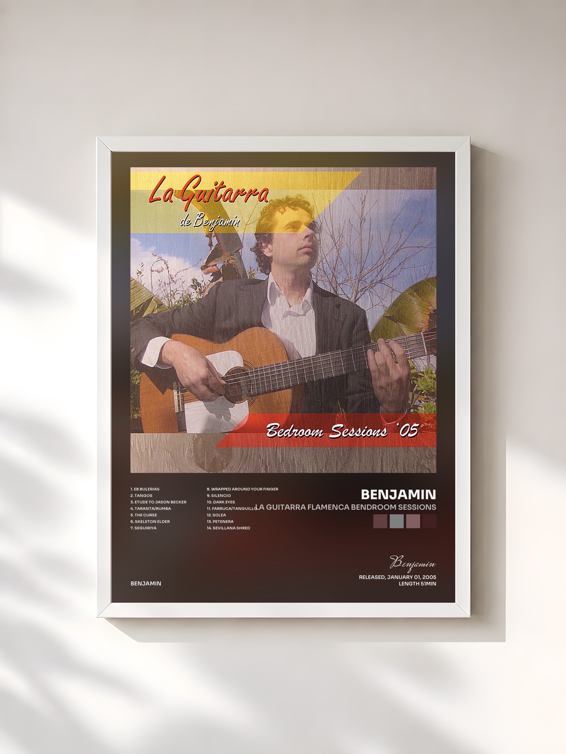 #blanc Tableau de l'album La Guitarra Flamenca Bendroom Sessions de Benjamin, cadre blanc, imprimé et encadré en France