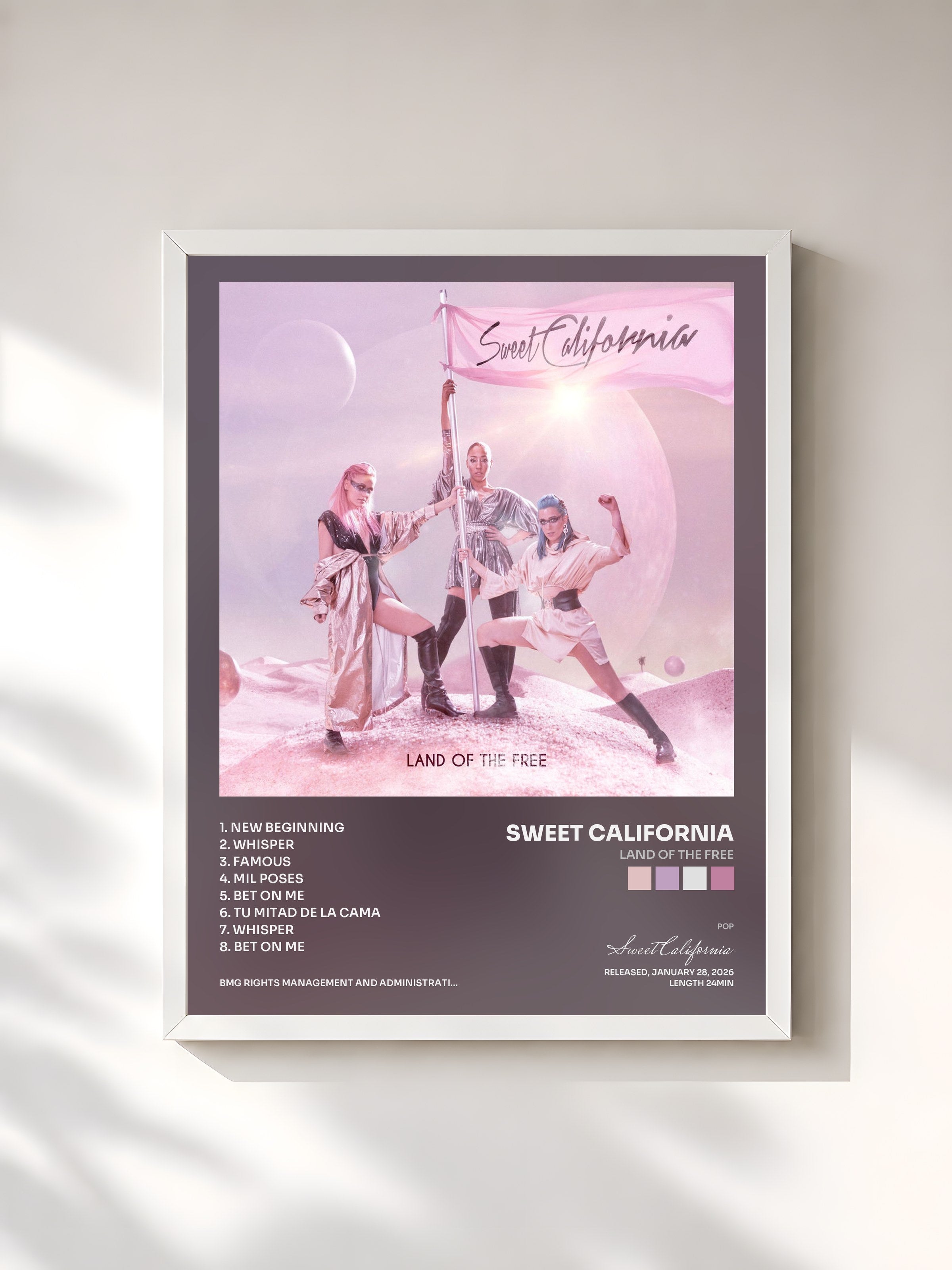 #blanc Tableau de l'album Land of the Free de Sweet California, cadre blanc, imprimé et encadré en France