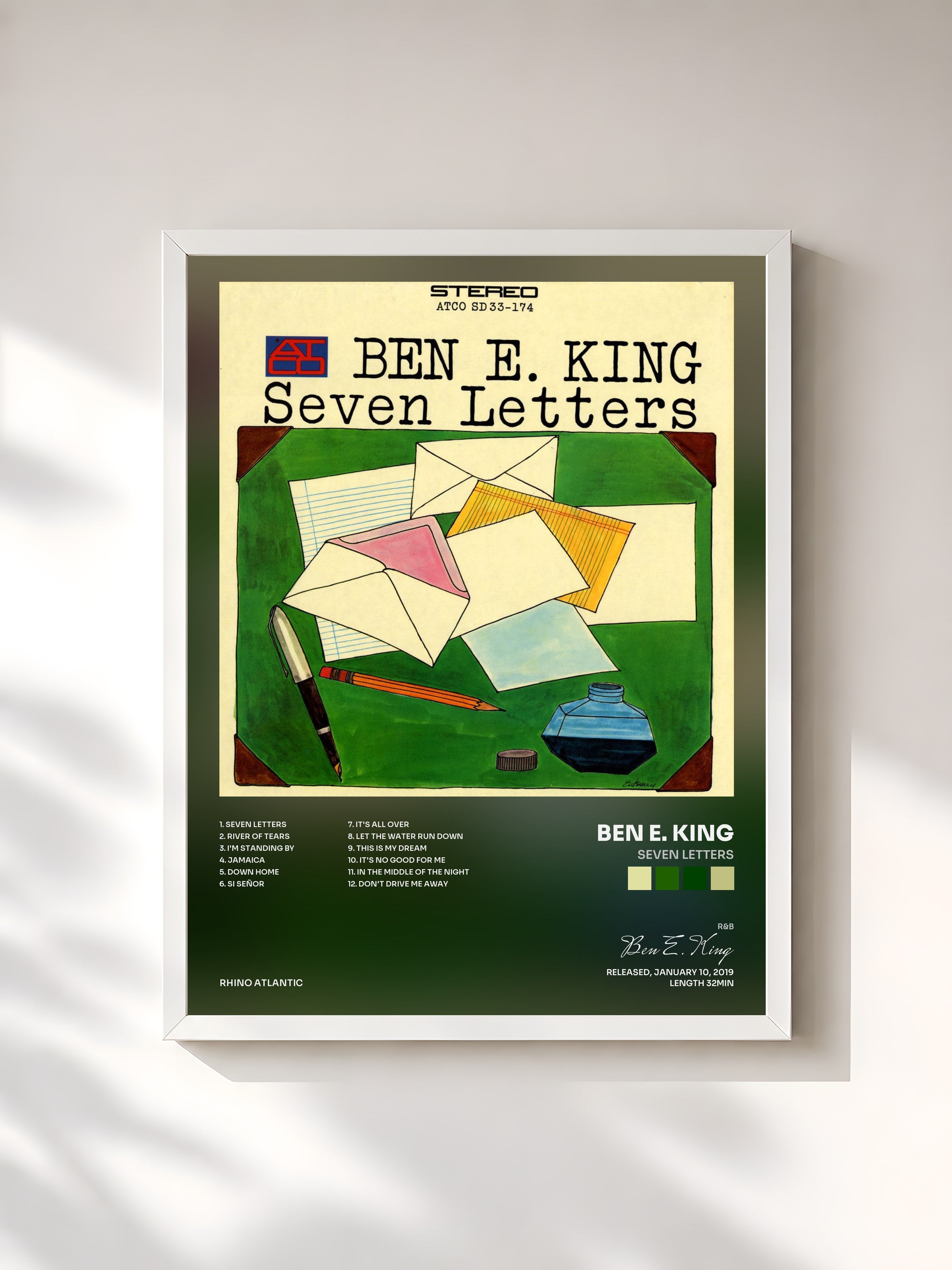 #blanc Tableau de l'album Seven Letters de Ben E. King, cadre blanc, imprimé et encadré en France