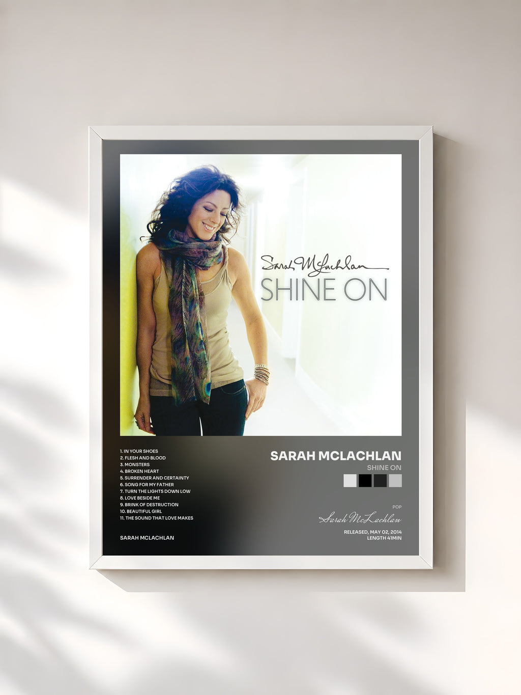 #blanc Tableau de l'album Shine On de Sarah McLachlan, cadre blanc, imprimé et encadré en France
