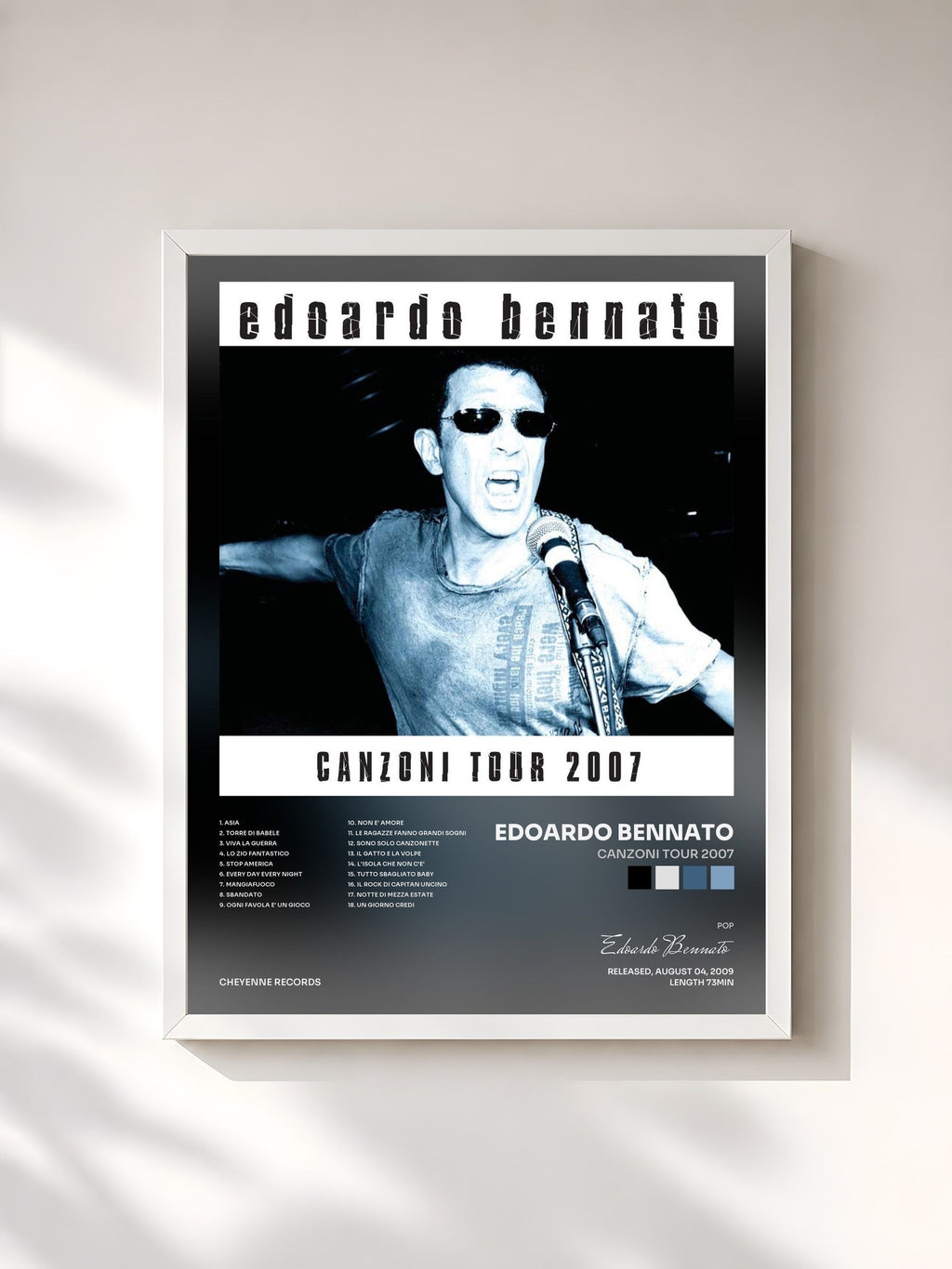 #blanc Canzoni tour 2007 de Edoardo Bennato en lámina enmarcada, marco blanco, impresa y enmarcada en Francia