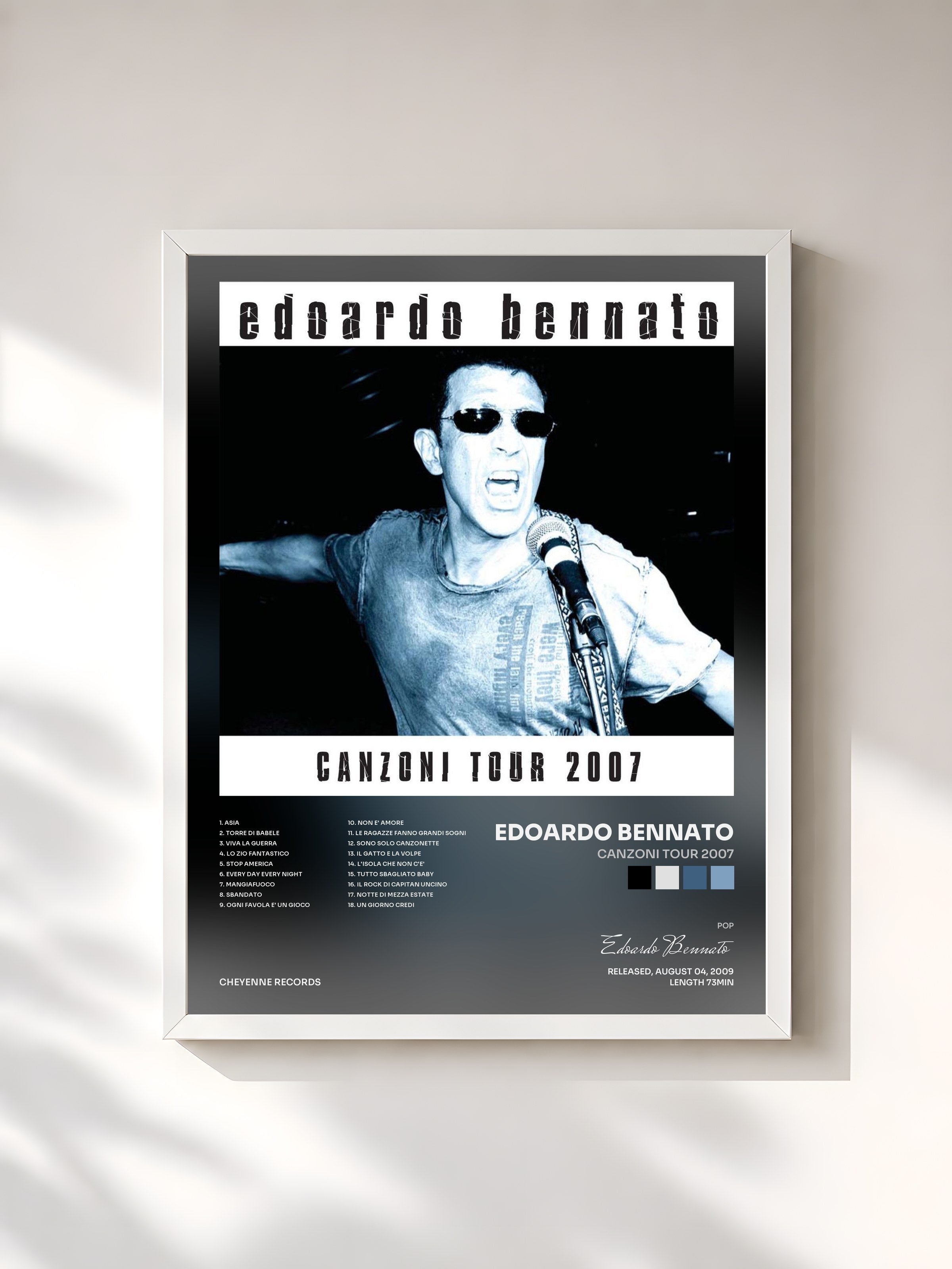 #blanc Tableau de l'album Canzoni tour 2007 de Edoardo Bennato, cadre blanc, imprimé et encadré en France