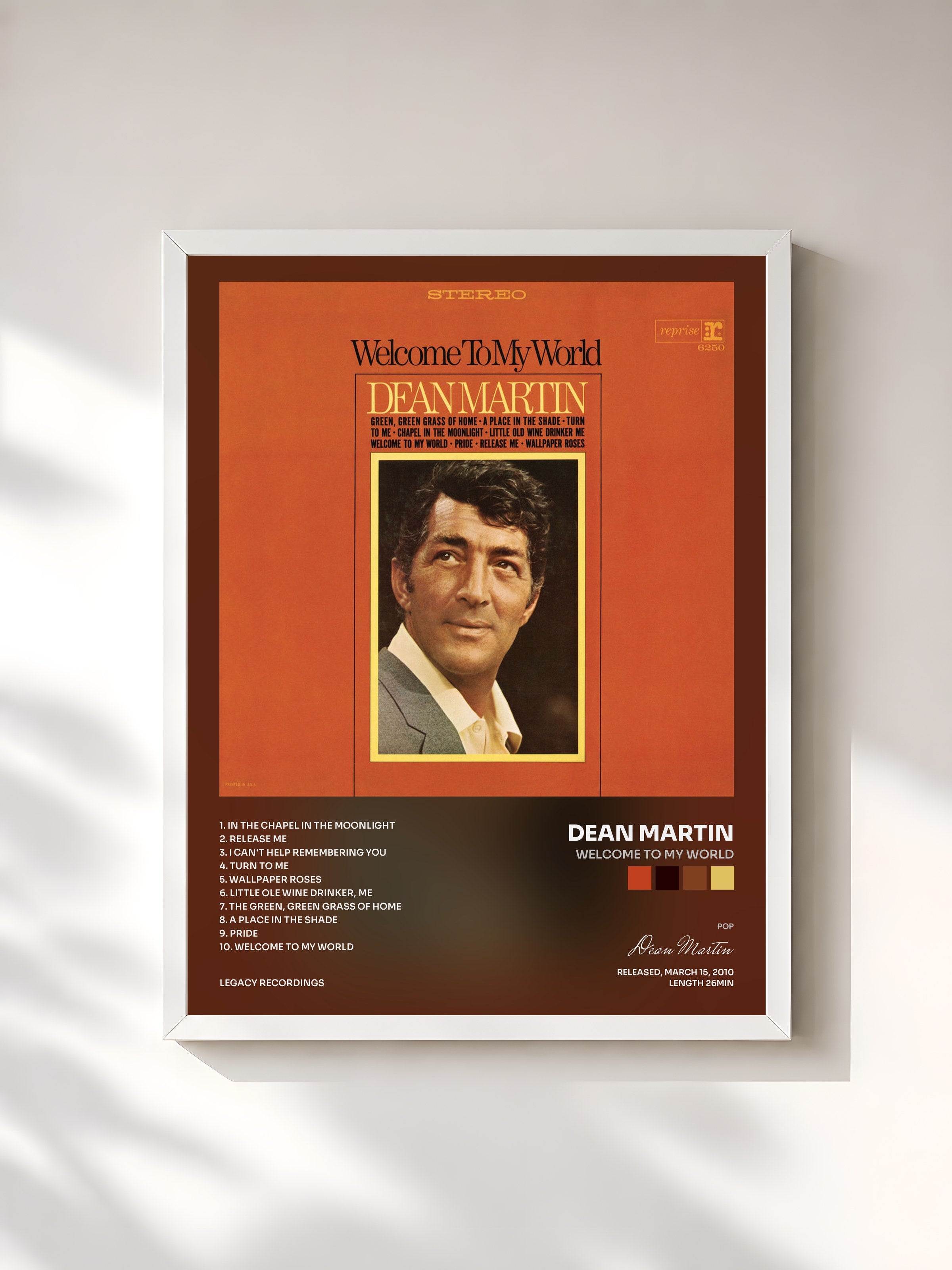#blanc Tableau de l'album Welcome to My World de Dean Martin, cadre blanc, imprimé et encadré en France