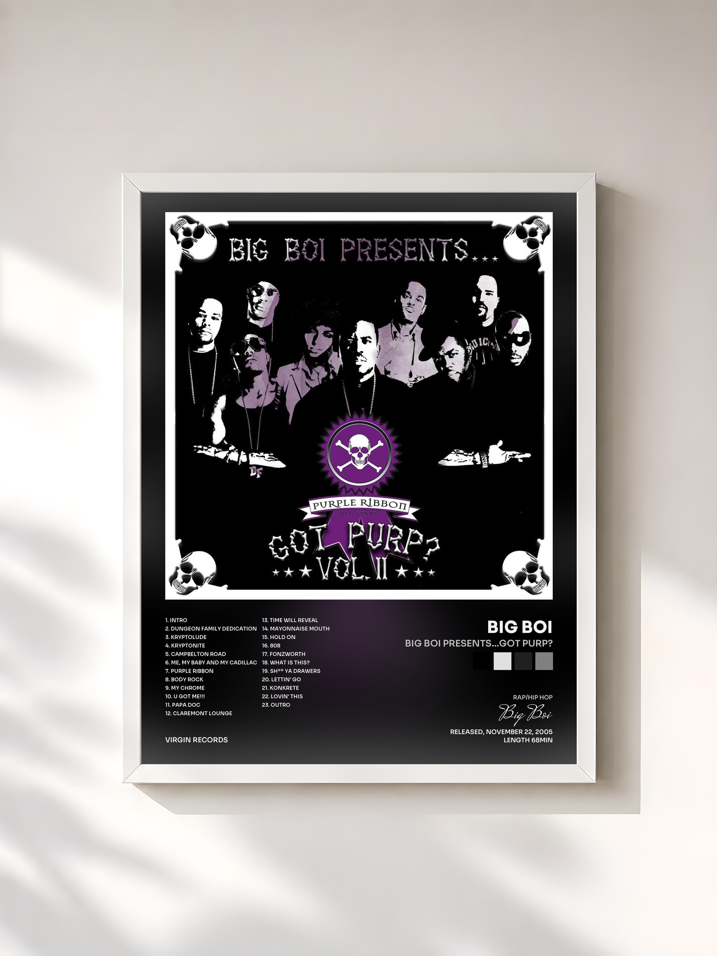 #blanc Tableau de l'album Big Boi Presents…Got Purp? de Big Boi, cadre blanc, imprimé et encadré en France