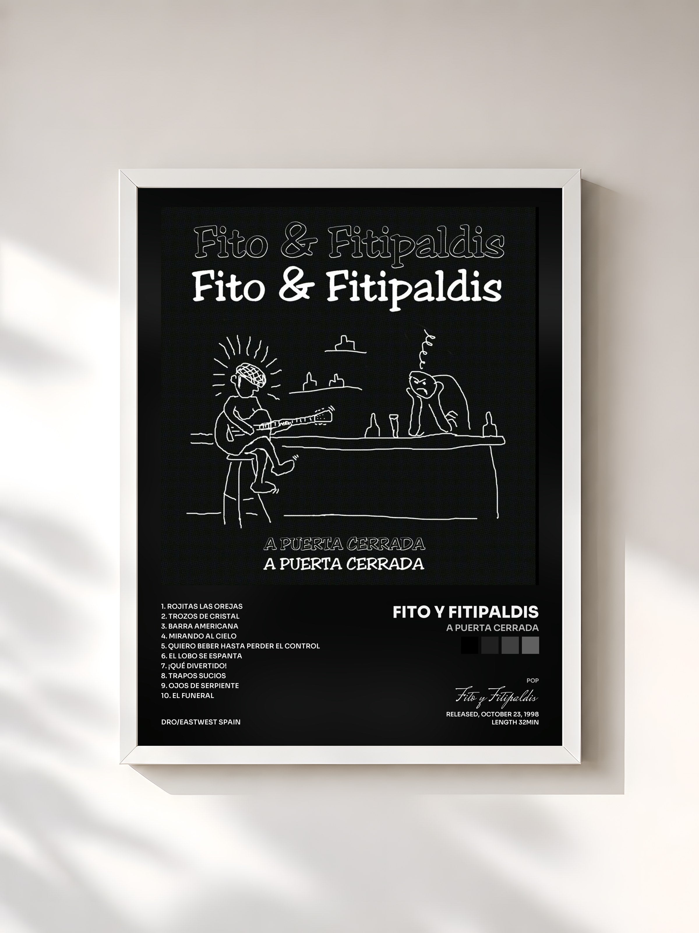 #blanc Tableau de l'album A Puerta Cerrada de Fito y Fitipaldis, cadre blanc, imprimé et encadré en France