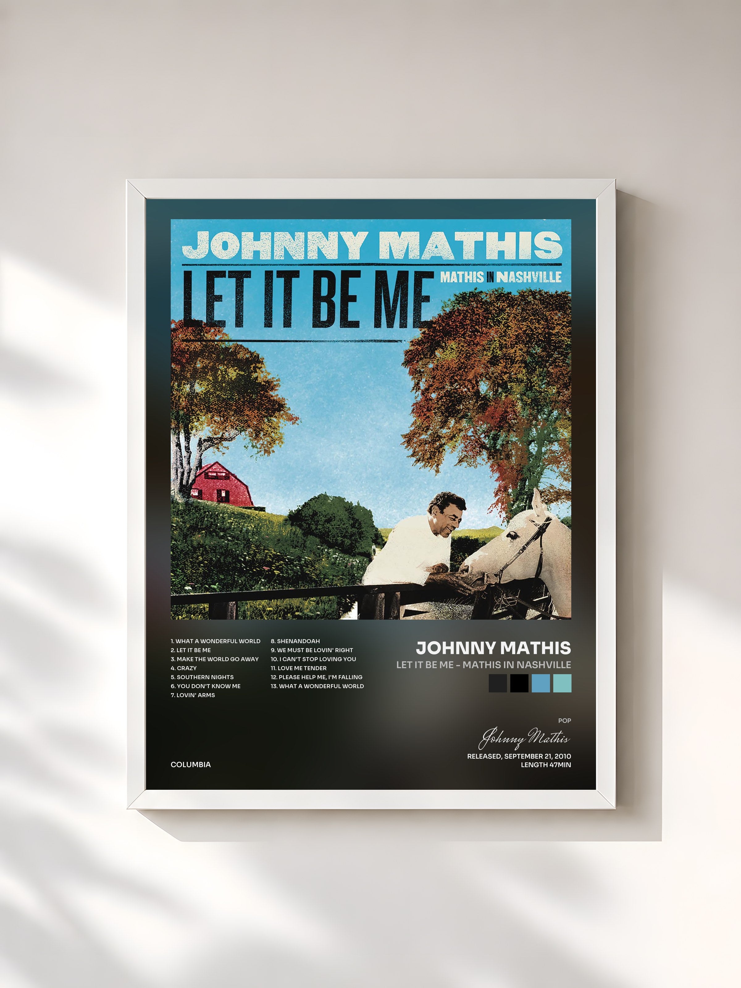#blanc Tableau de l'album Let It Be Me - Mathis In Nashville de Johnny Mathis, cadre blanc, imprimé et encadré en France