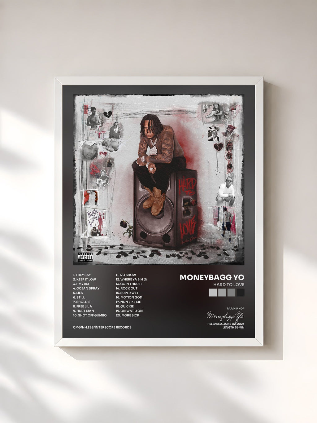 #blanc Hard To Love de Moneybagg Yo en lámina enmarcada, marco blanco, impresa y enmarcada en Francia