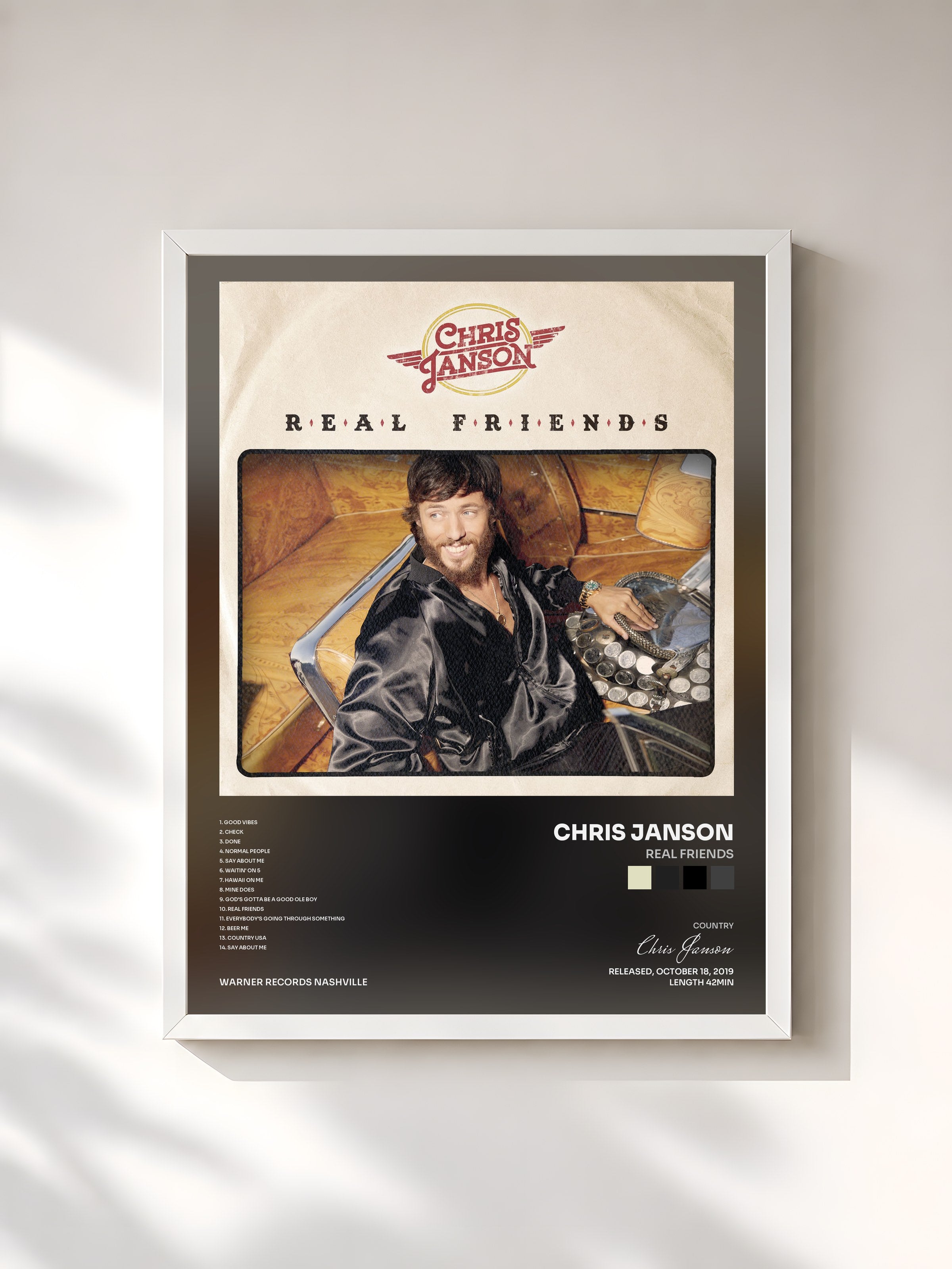 #blanc Tableau de l'album Real Friends de Chris Janson, cadre blanc, imprimé et encadré en France
