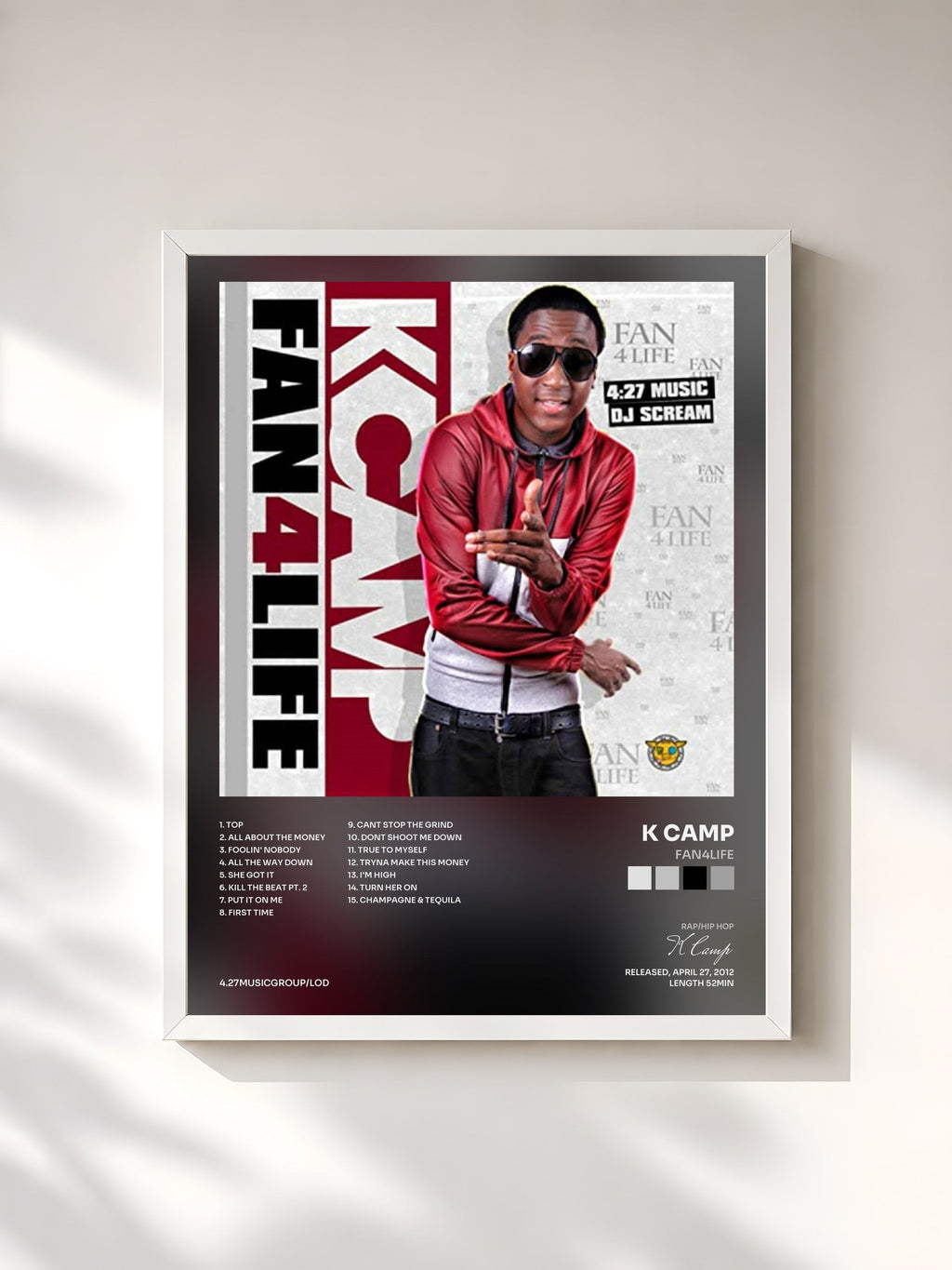 #blanc Fan4Life de K Camp en lámina enmarcada, marco blanco, impresa y enmarcada en Francia