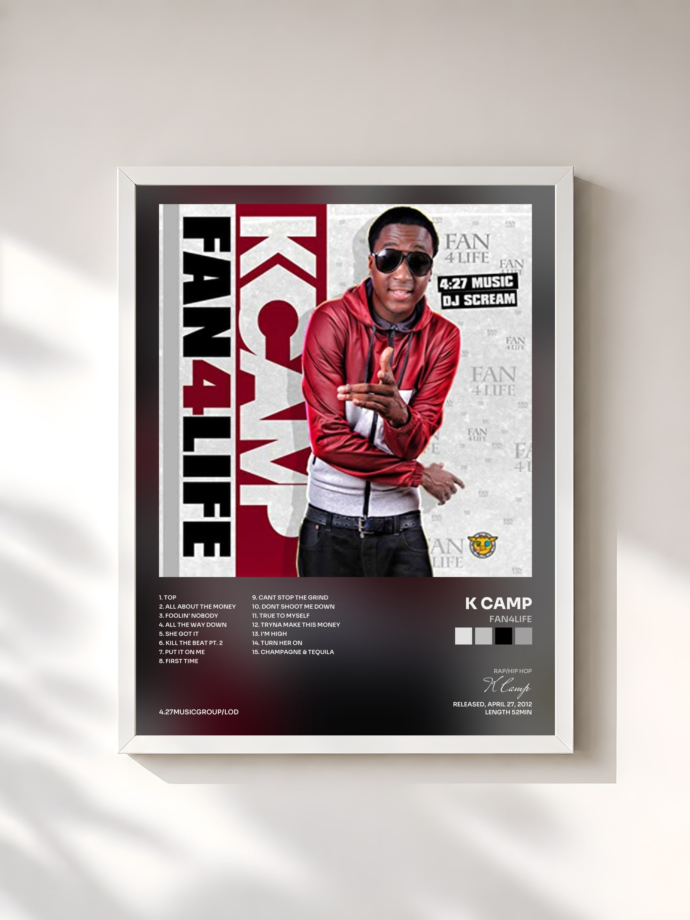 #blanc Tableau de l'album Fan4Life de K Camp, cadre blanc, imprimé et encadré en France