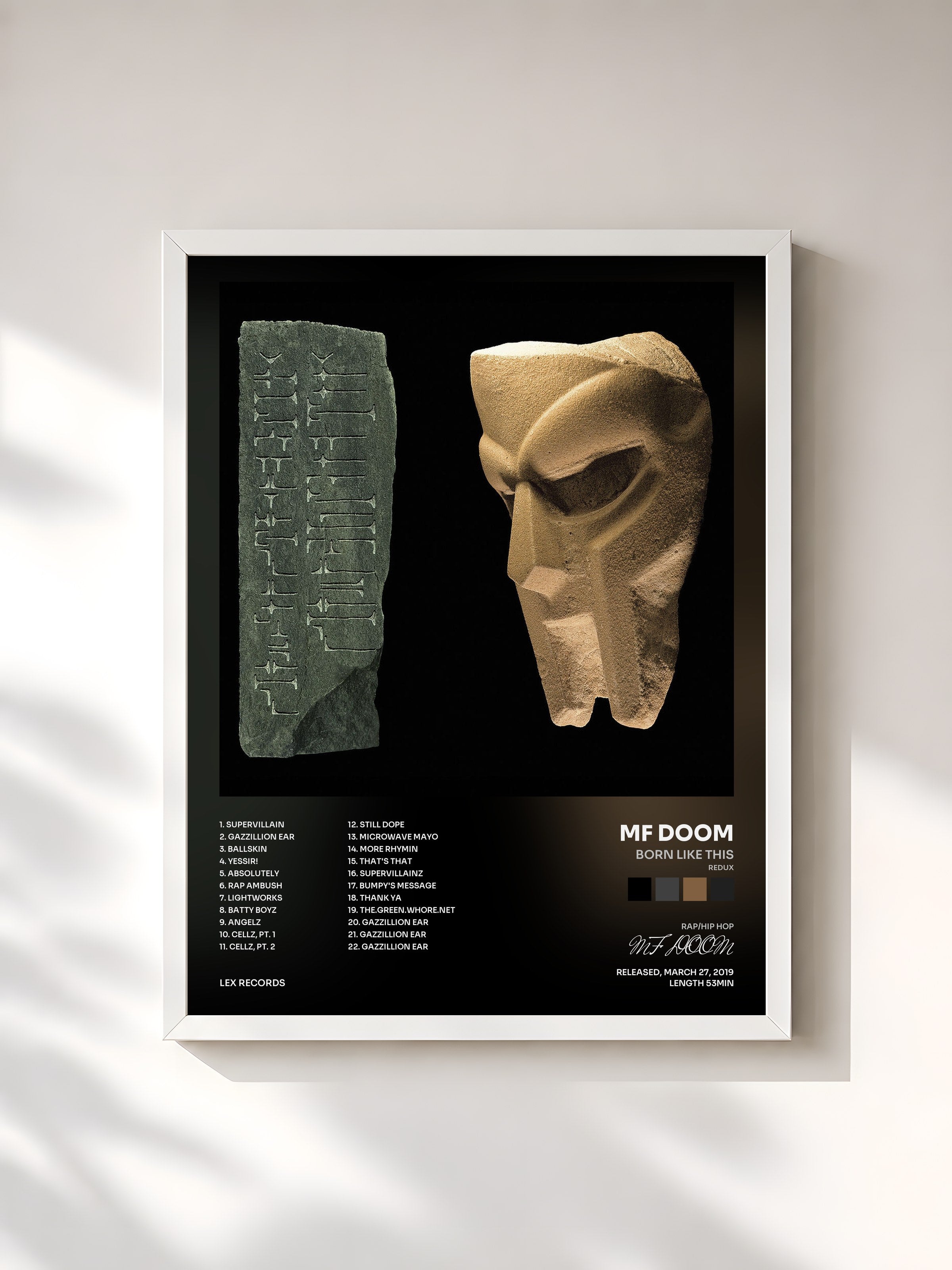 #blanc Tableau de l'album BORN LIKE THIS (Redux) de MF DOOM, cadre blanc, imprimé et encadré en France