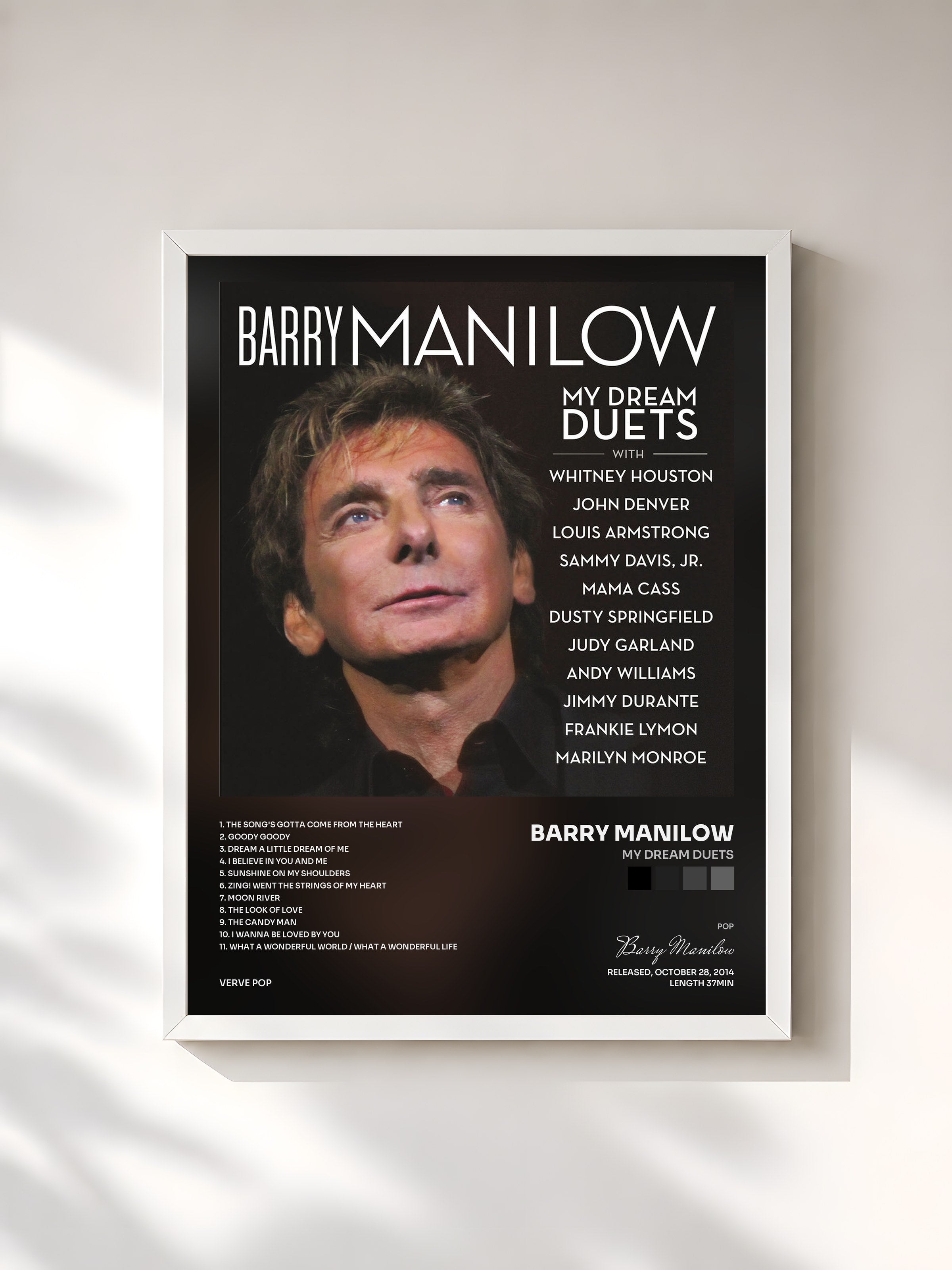 #blanc Tableau de l'album My Dream Duets de Barry Manilow, cadre blanc, imprimé et encadré en France