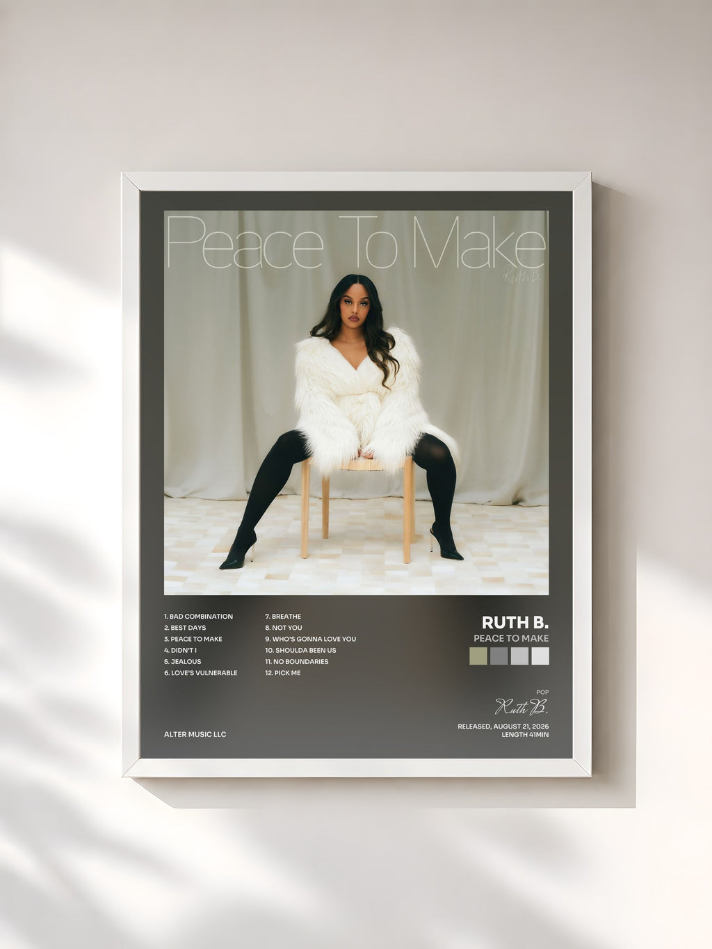 #blanc Tableau de l'album Peace To Make de Ruth B., cadre blanc, imprimé et encadré en France