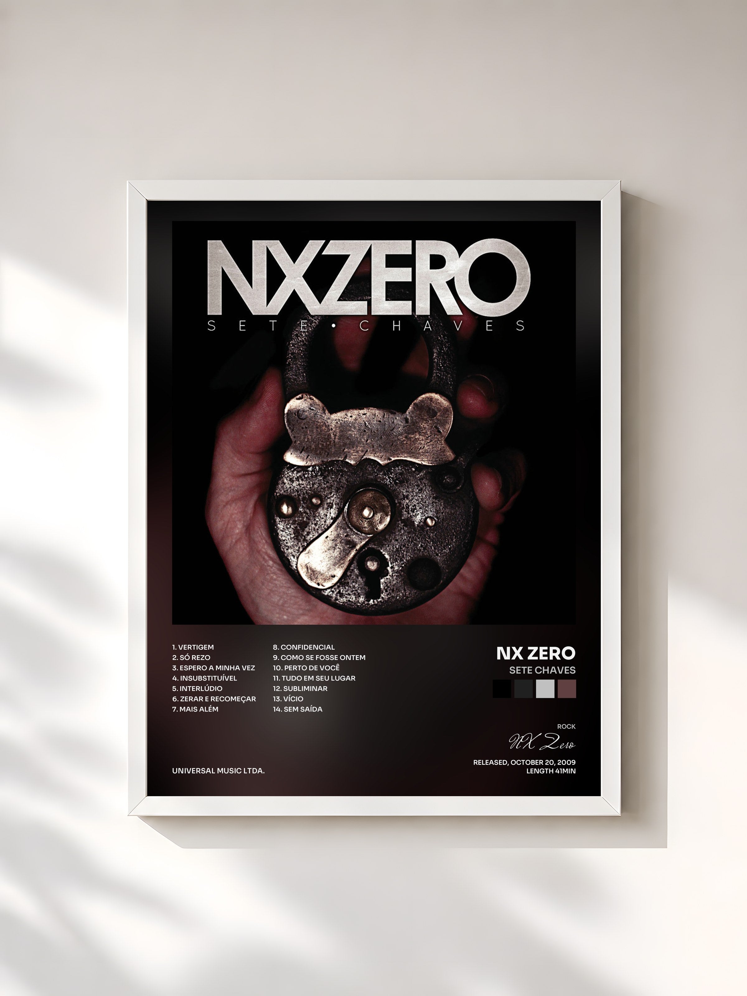 #blanc Tableau de l'album Sete Chaves de NX Zero, cadre blanc, imprimé et encadré en France