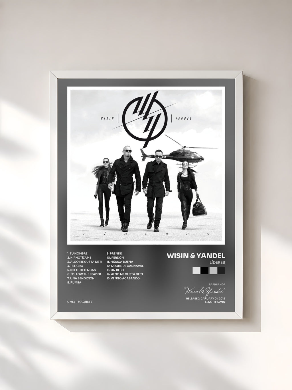 #blanc Tableau de l'album Líderes de Wisin & Yandel, cadre blanc, imprimé et encadré en France