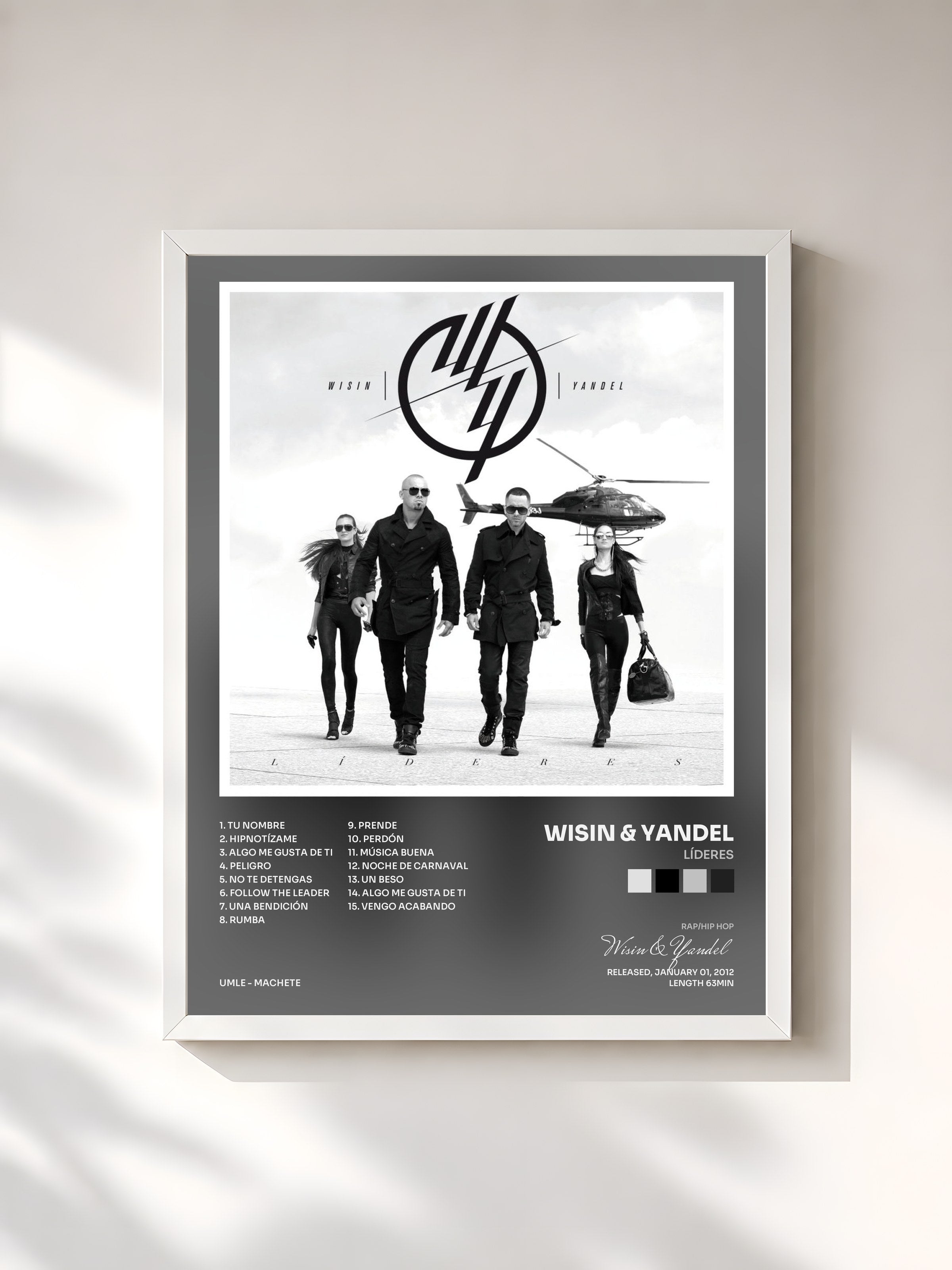 #blanc Tableau de l'album Líderes de Wisin & Yandel, cadre blanc, imprimé et encadré en France