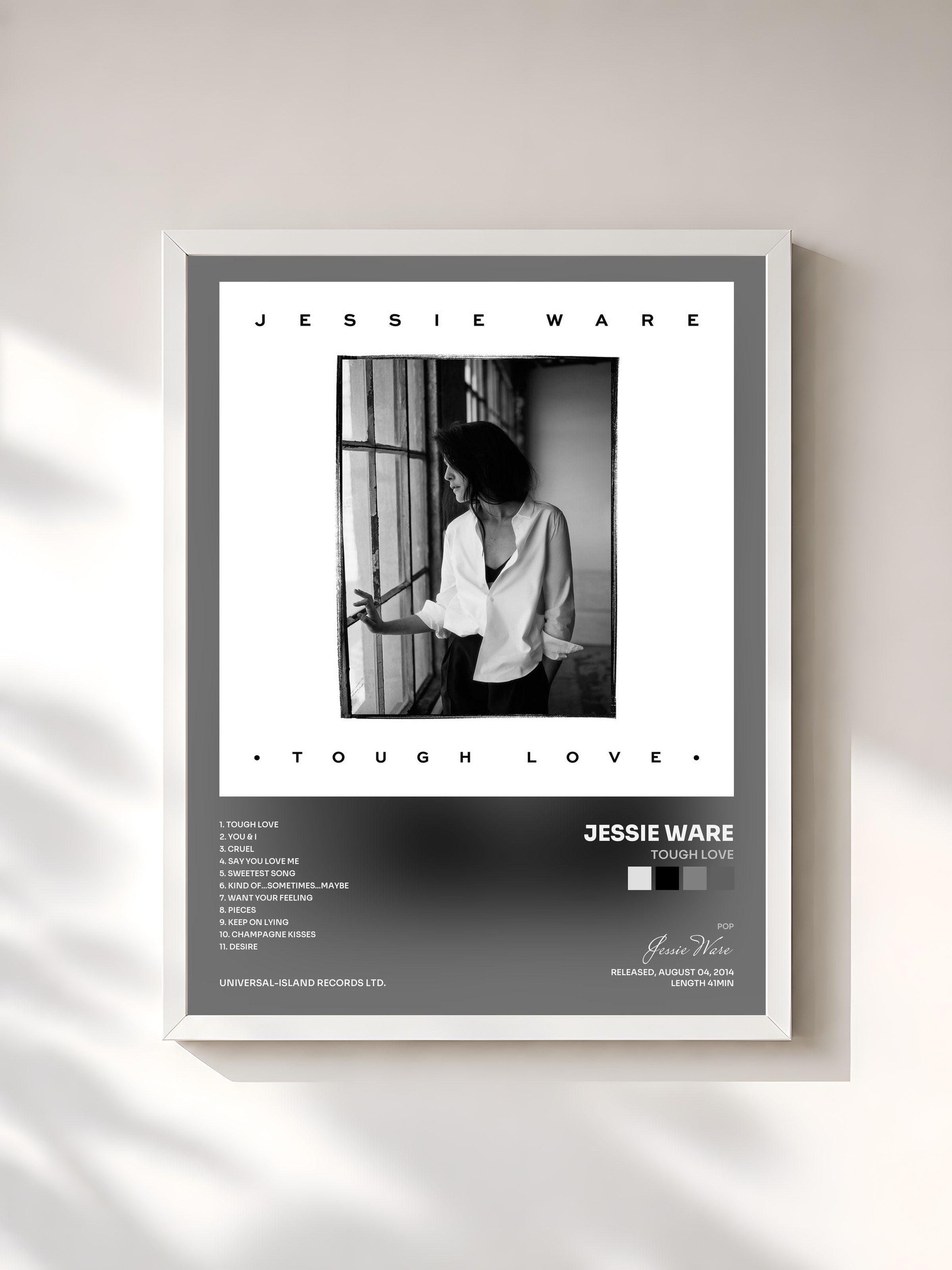 #blanc Tableau de l'album Tough Love de Jessie Ware, cadre blanc, imprimé et encadré en France