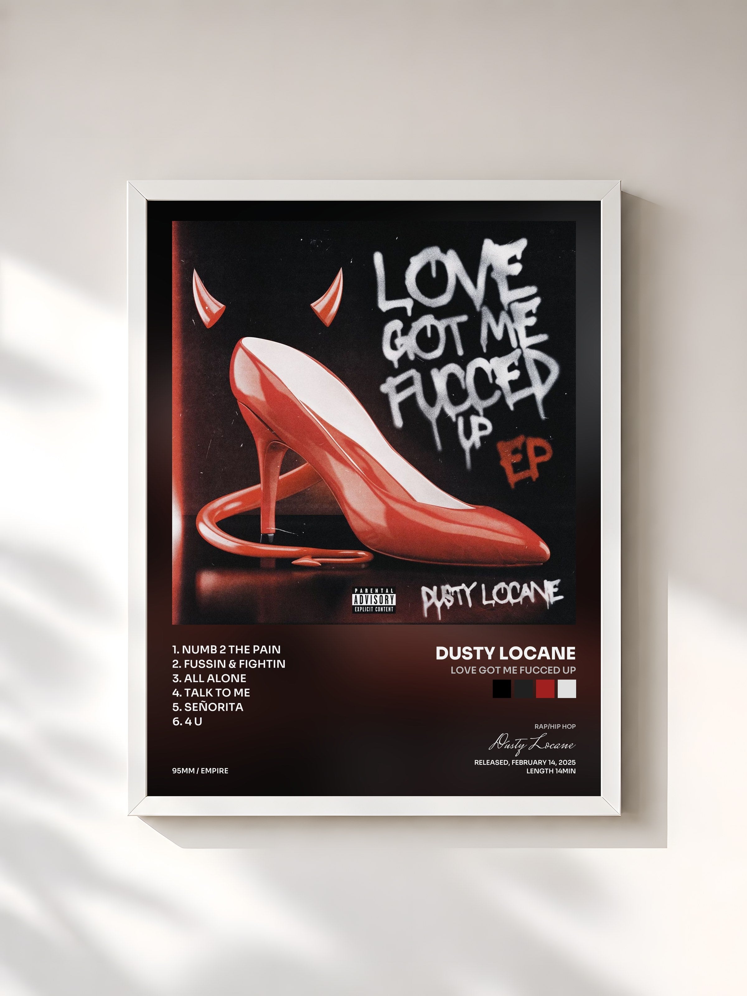#blanc Tableau de l'album LOVE GOT ME FUCCED UP de Dusty Locane, cadre blanc, imprimé et encadré en France