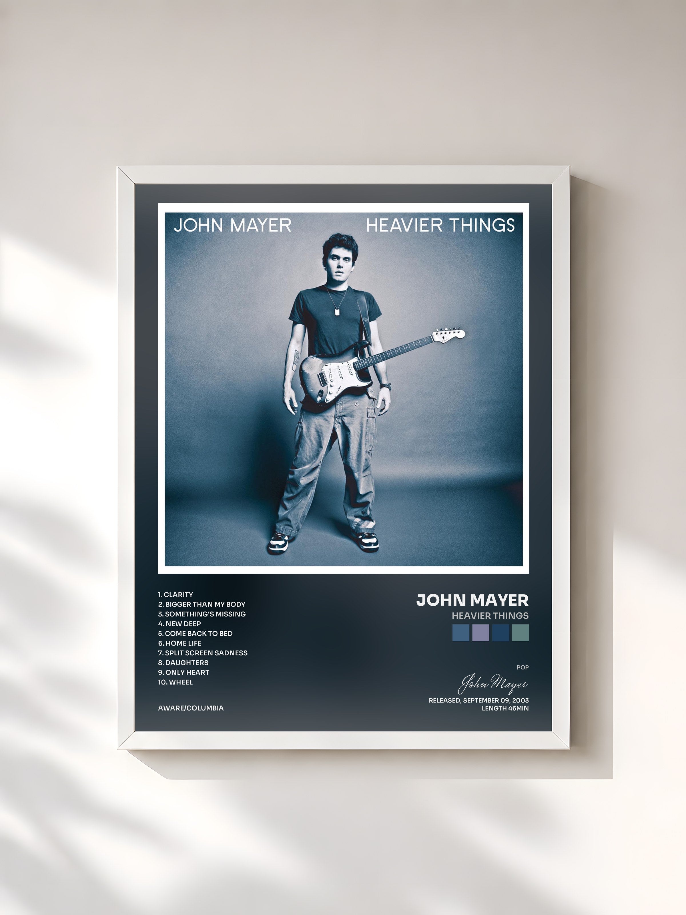 #blanc Tableau de l'album Heavier Things de John Mayer, cadre blanc, imprimé et encadré en France
