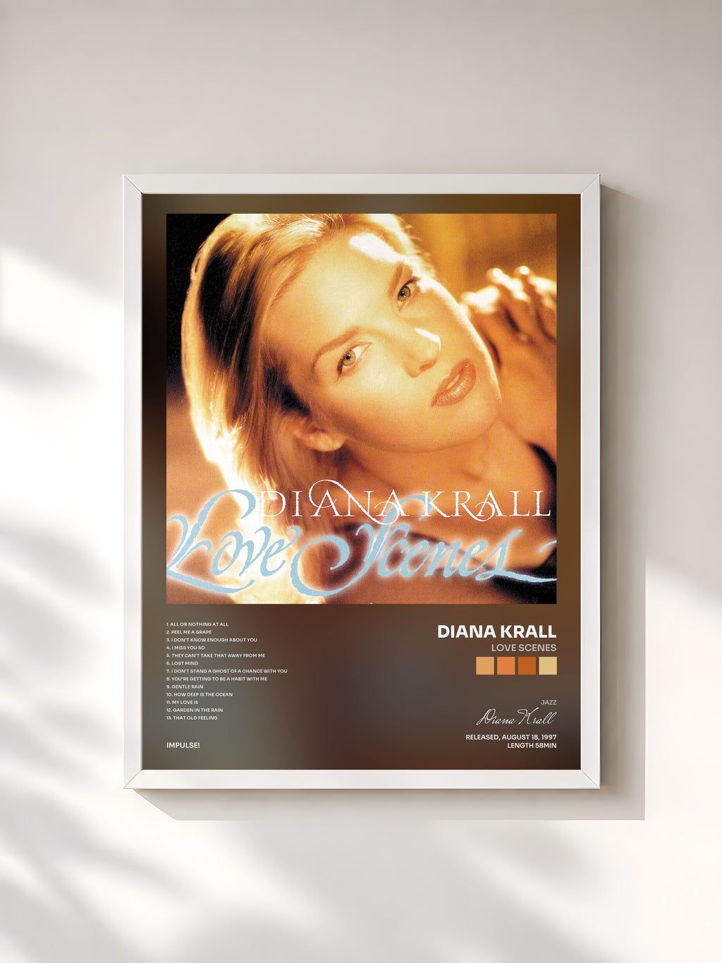 #blanc Tableau de l'album Love Scenes de Diana Krall, cadre blanc, imprimé et encadré en France