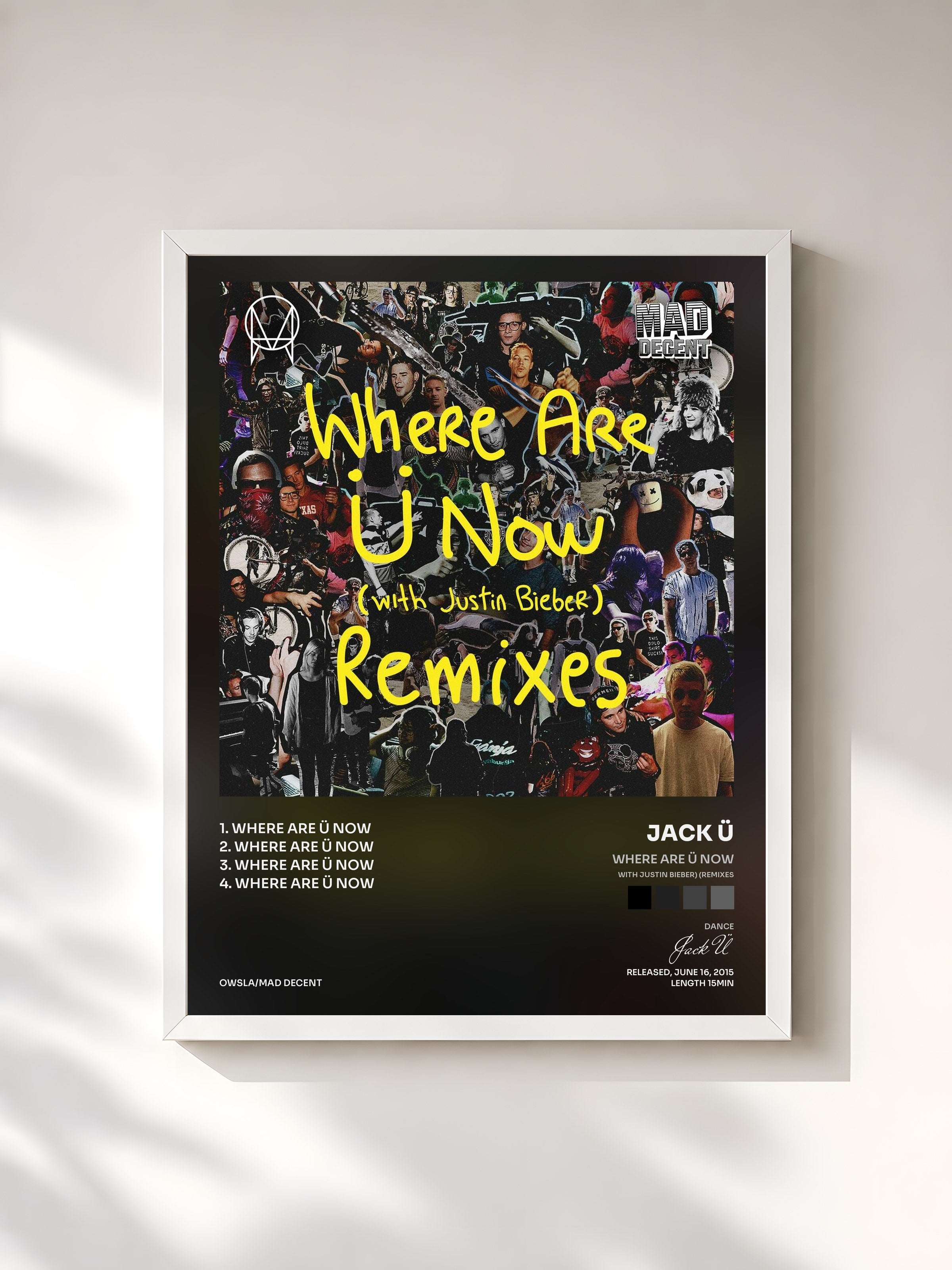 #blanc Tableau de l'album Where Are Ü Now (with Justin Bieber) (Remixes) de Jack Ü, cadre blanc, imprimé et encadré en France
