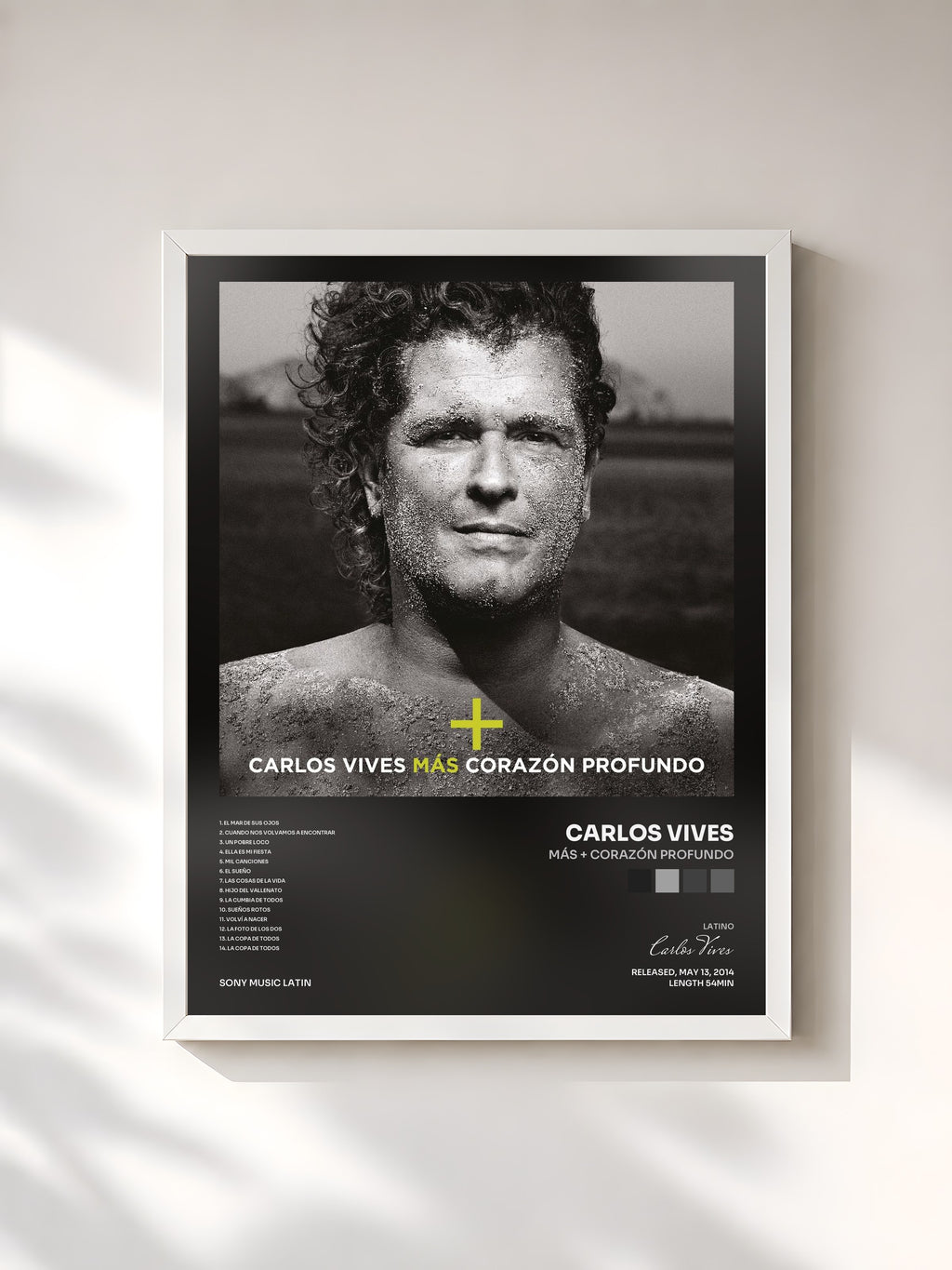 #blanc Tableau de l'album Más + Corazón Profundo de Carlos Vives, cadre blanc, imprimé et encadré en France